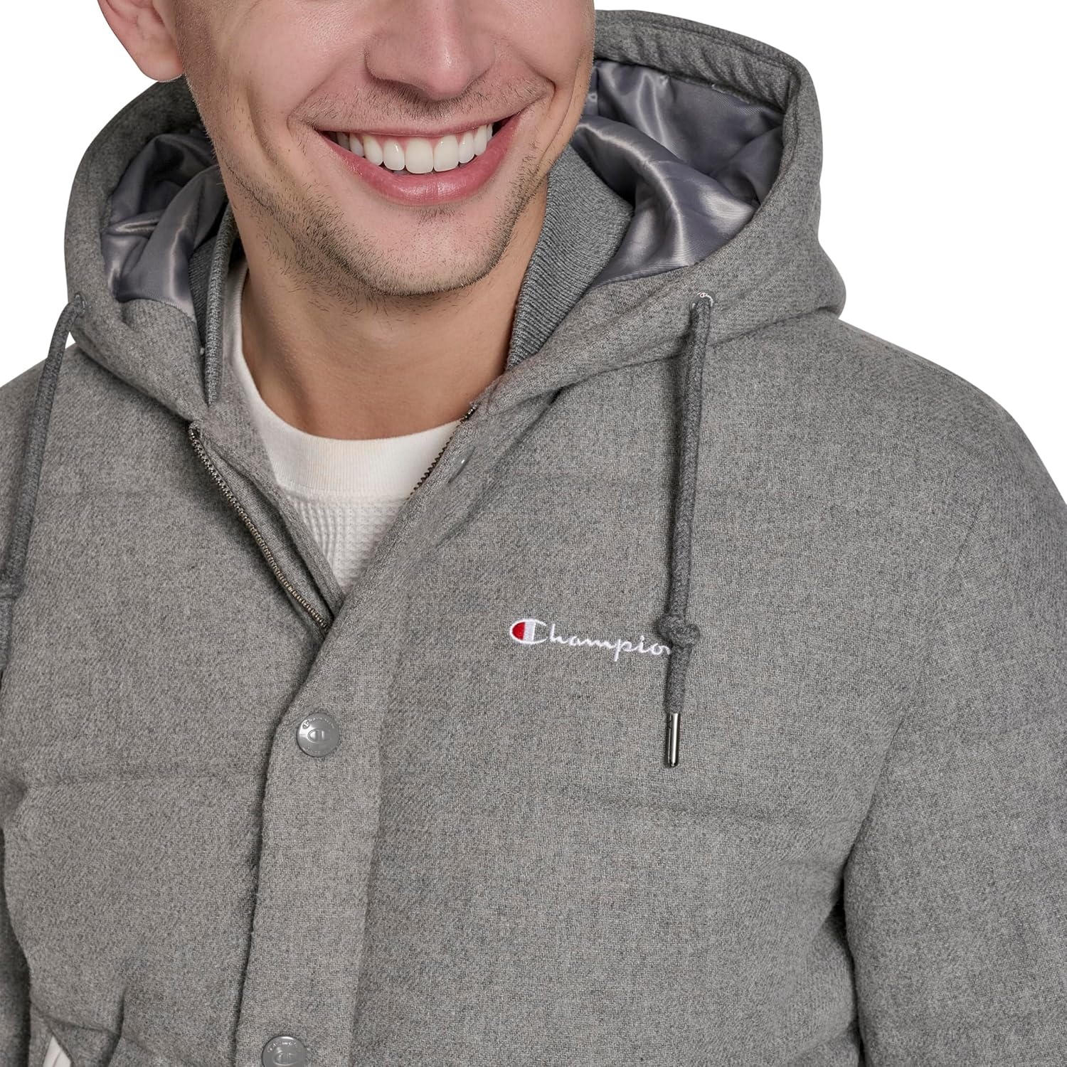 image:imageChampion Mens Varsity Bomber Puffer JacketHeather Grey Wool Hoody