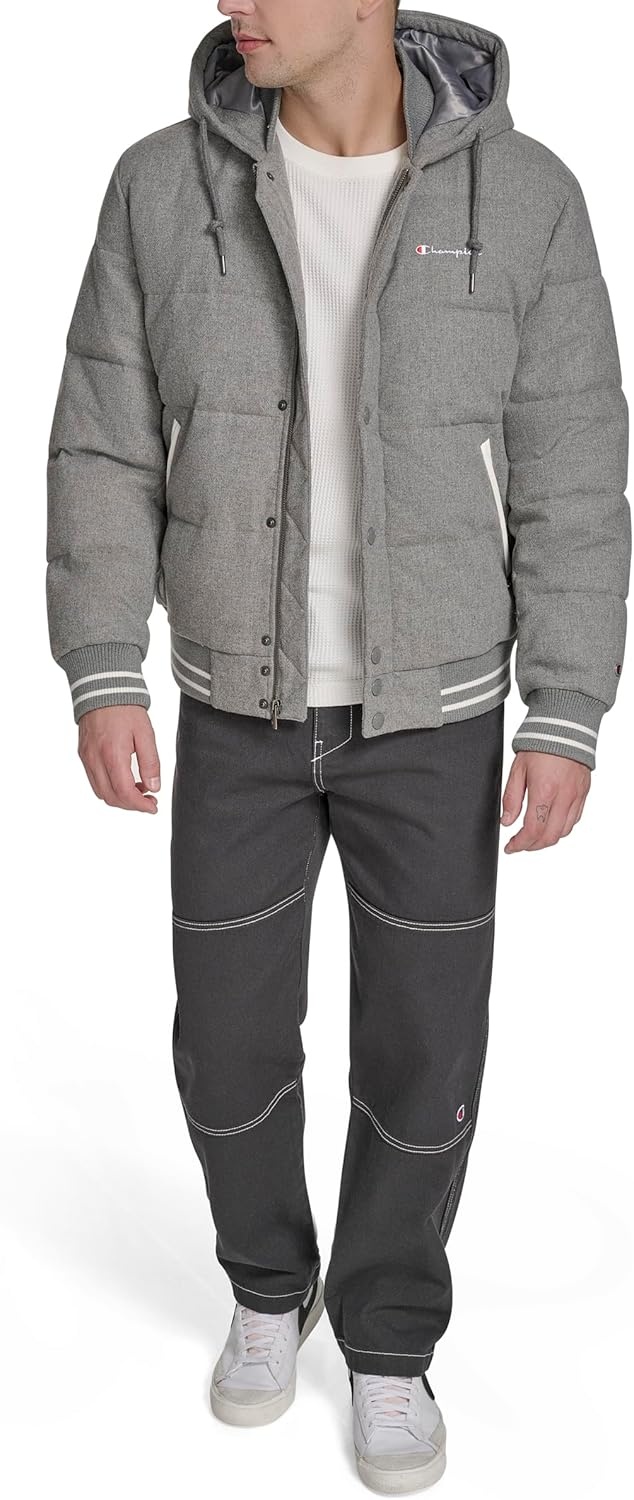 image:imageChampion Mens Varsity Bomber Puffer JacketHeather Grey Wool Hoody