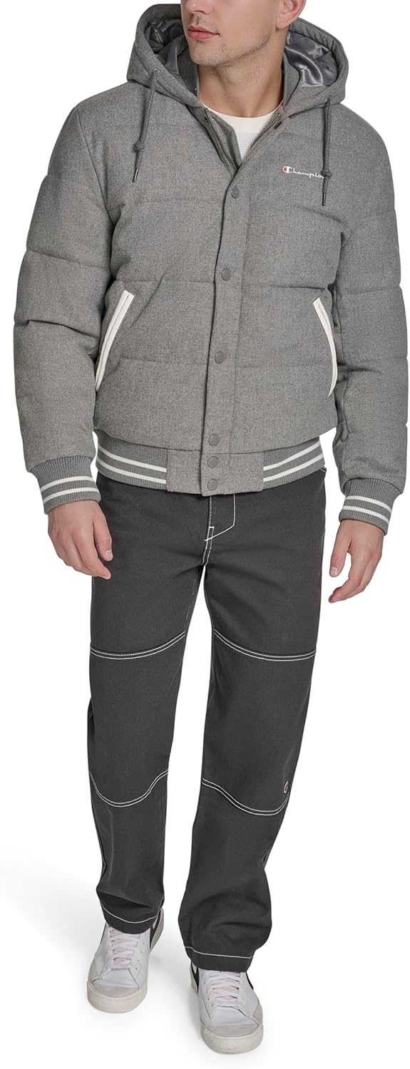 image:imageChampion Mens Varsity Bomber Puffer JacketHeather Grey Wool Hoody