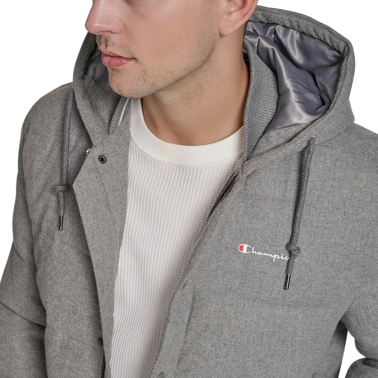 image:imageChampion Mens Varsity Bomber Puffer JacketHeather Grey Wool Hoody