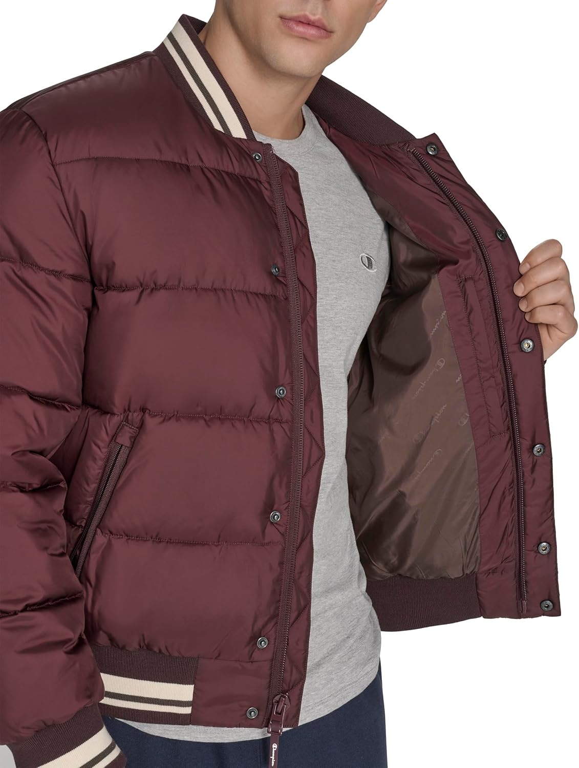 image:imageChampion Mens Varsity Bomber Puffer JacketWine Tech