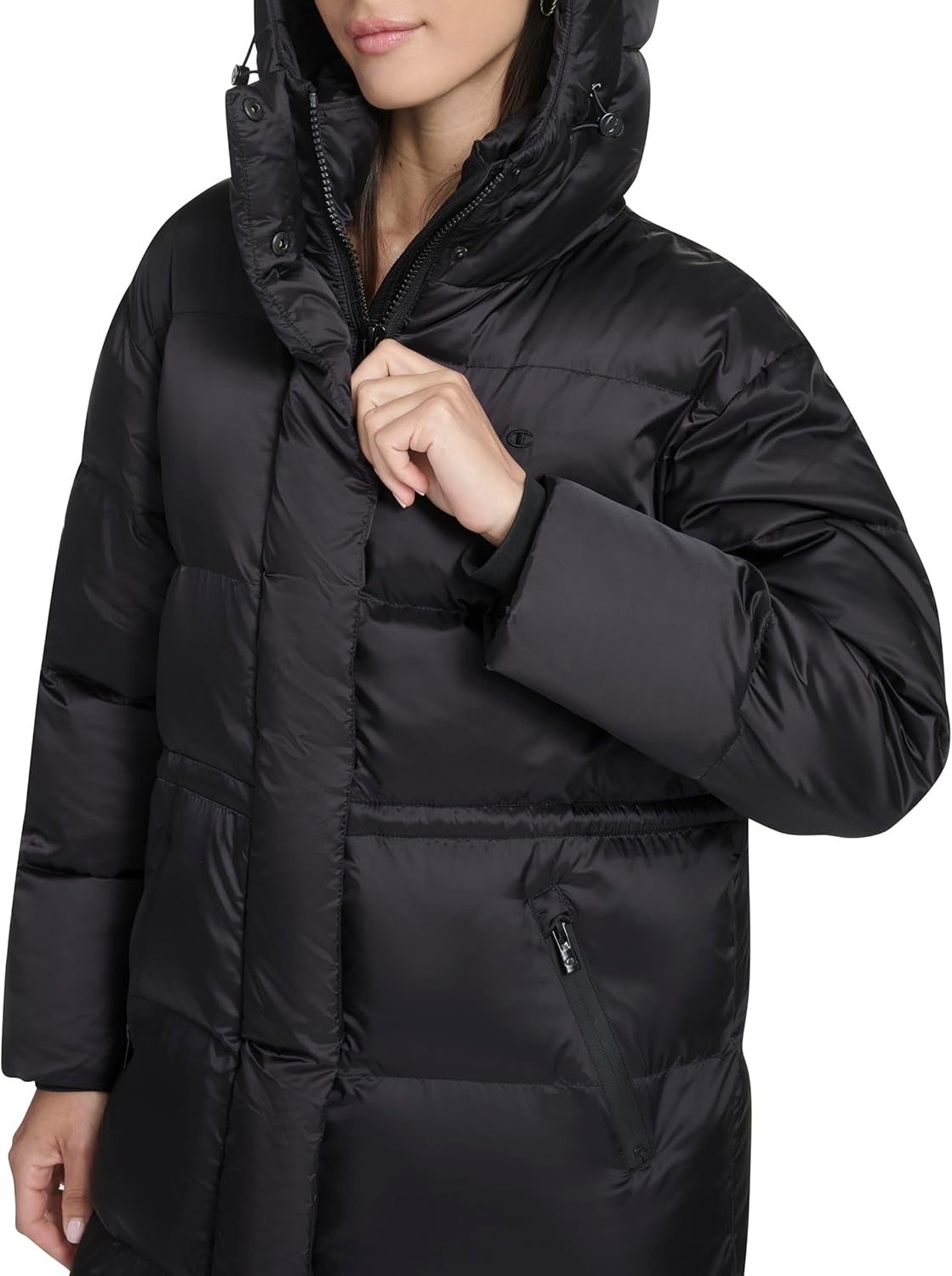 image:imageChampion Womens Cinch Waist Long Hooded PufferBlack