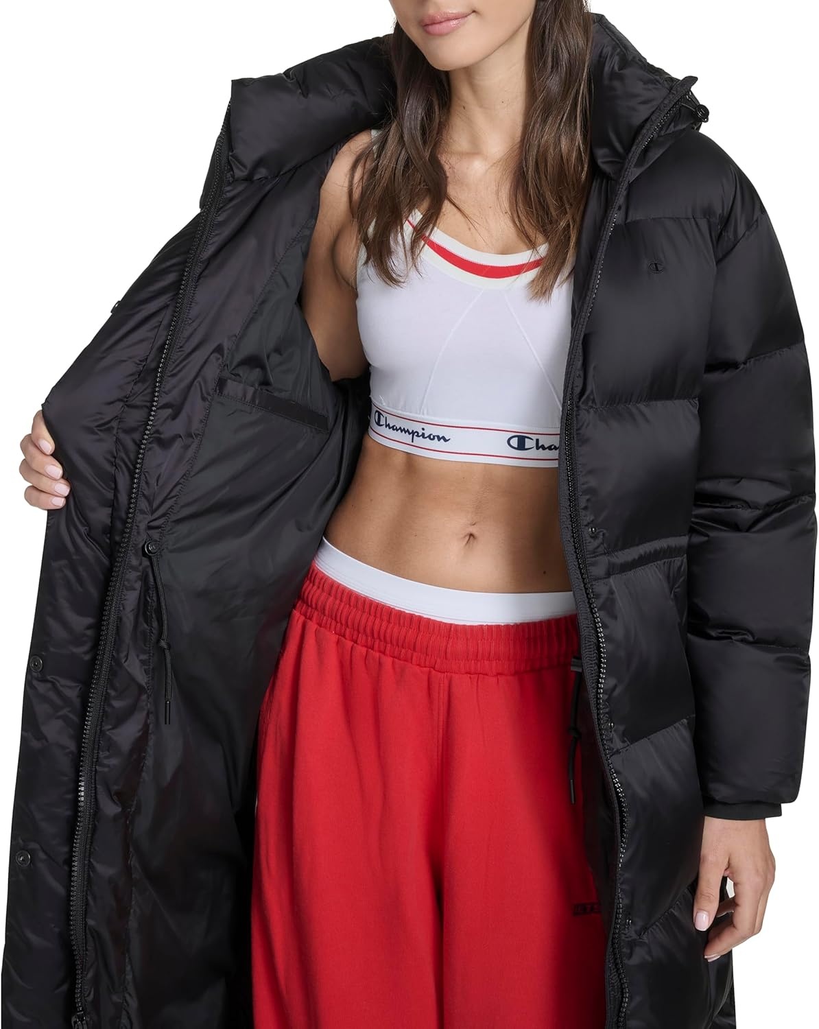 image:imageChampion Womens Cinch Waist Long Hooded PufferBlack