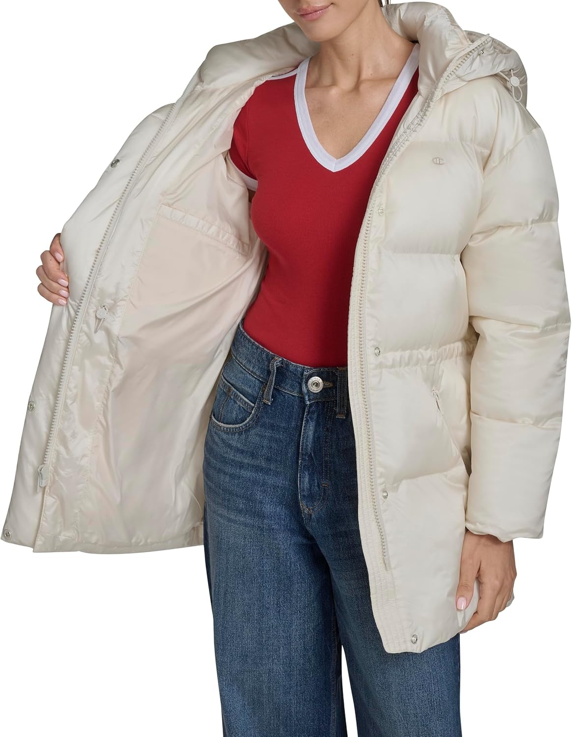 image:imageChampion Womens Cinch Waist Quilted Puffer JacketWhite