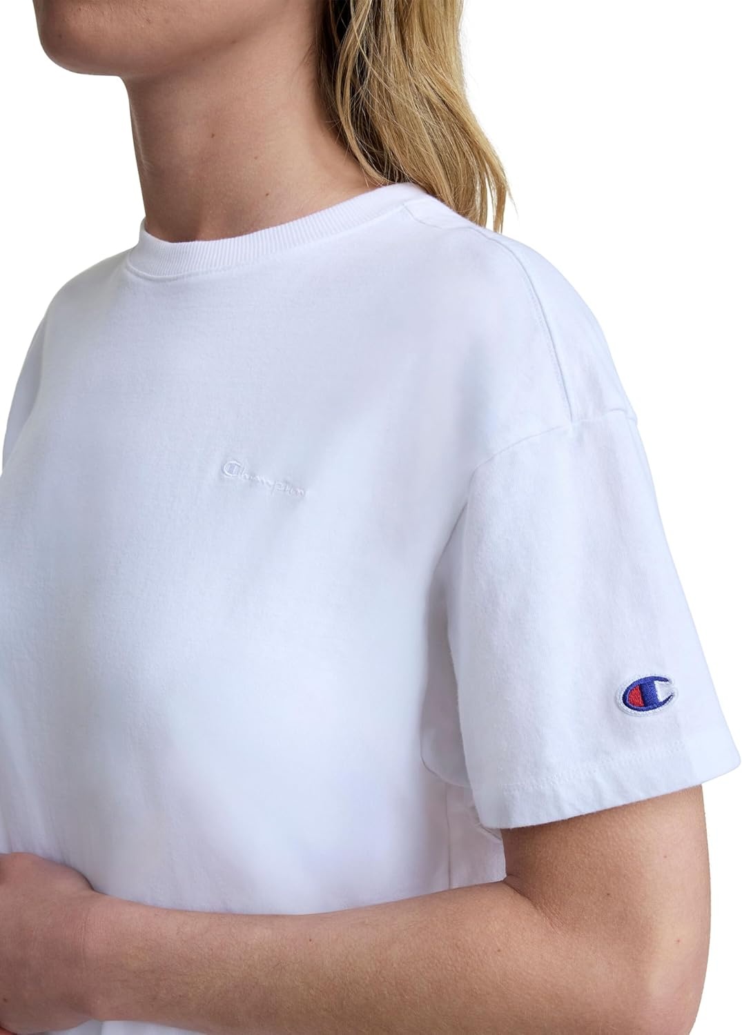image:imageChampion Womens Classic Short Sleeve Graphic TShirt Loose Fit Script LogoBright White Tonal Script Logo