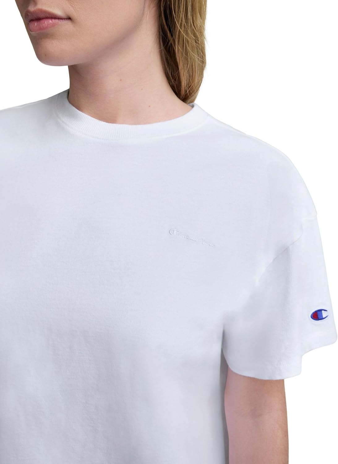 image:imageChampion Womens Classic Short Sleeve Graphic TShirt Loose Fit Script LogoBright White Tonal Script Logo