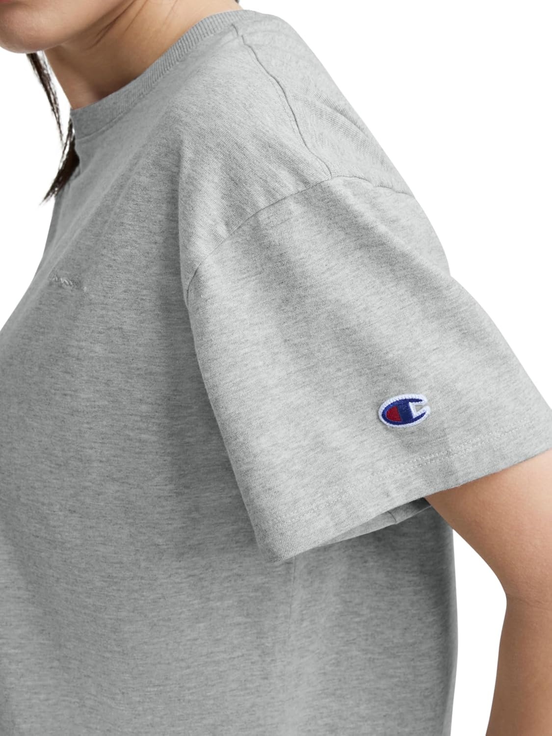 image:imageChampion Womens Classic Short Sleeve Graphic TShirt Loose Fit Script LogoOxford Gray Heather Tonal Script Logo