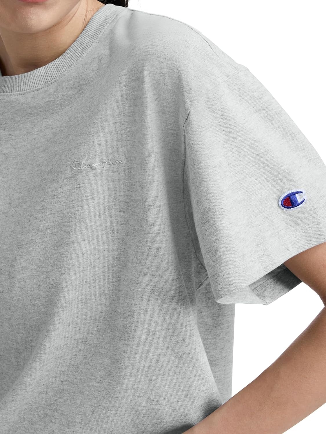 image:imageChampion Womens Classic Short Sleeve Graphic TShirt Loose Fit Script LogoOxford Gray Heather Tonal Script Logo