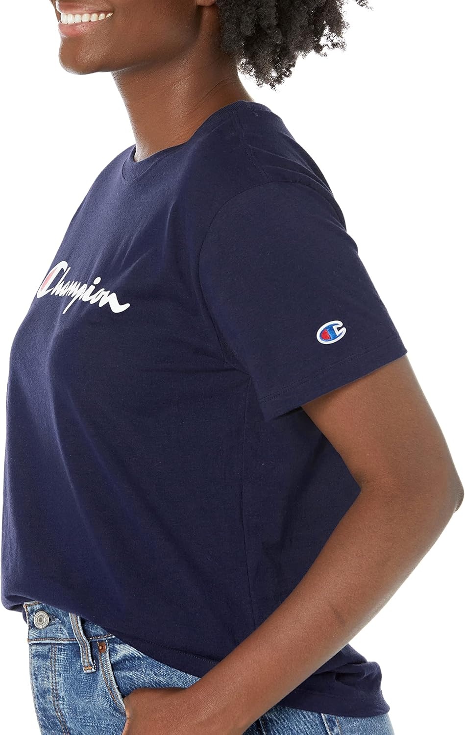 image:imageChampion Womens Classic Short Sleeve Graphic TShirt Standard Fit Script LogoAthletic Navy Classic Script Logo