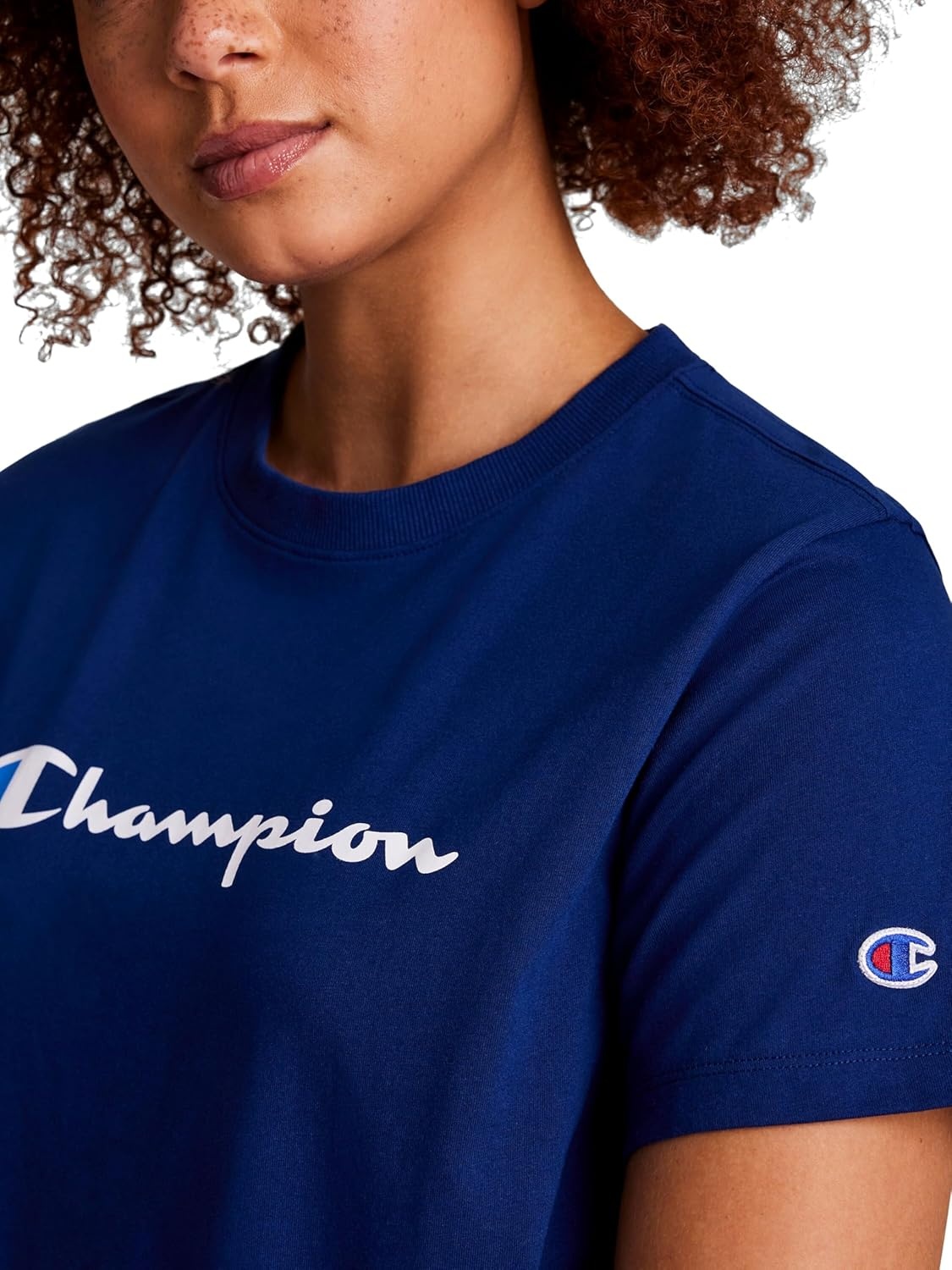 image:imageChampion Womens Classic Short Sleeve Graphic TShirt Standard Fit Script LogoBlue Depths