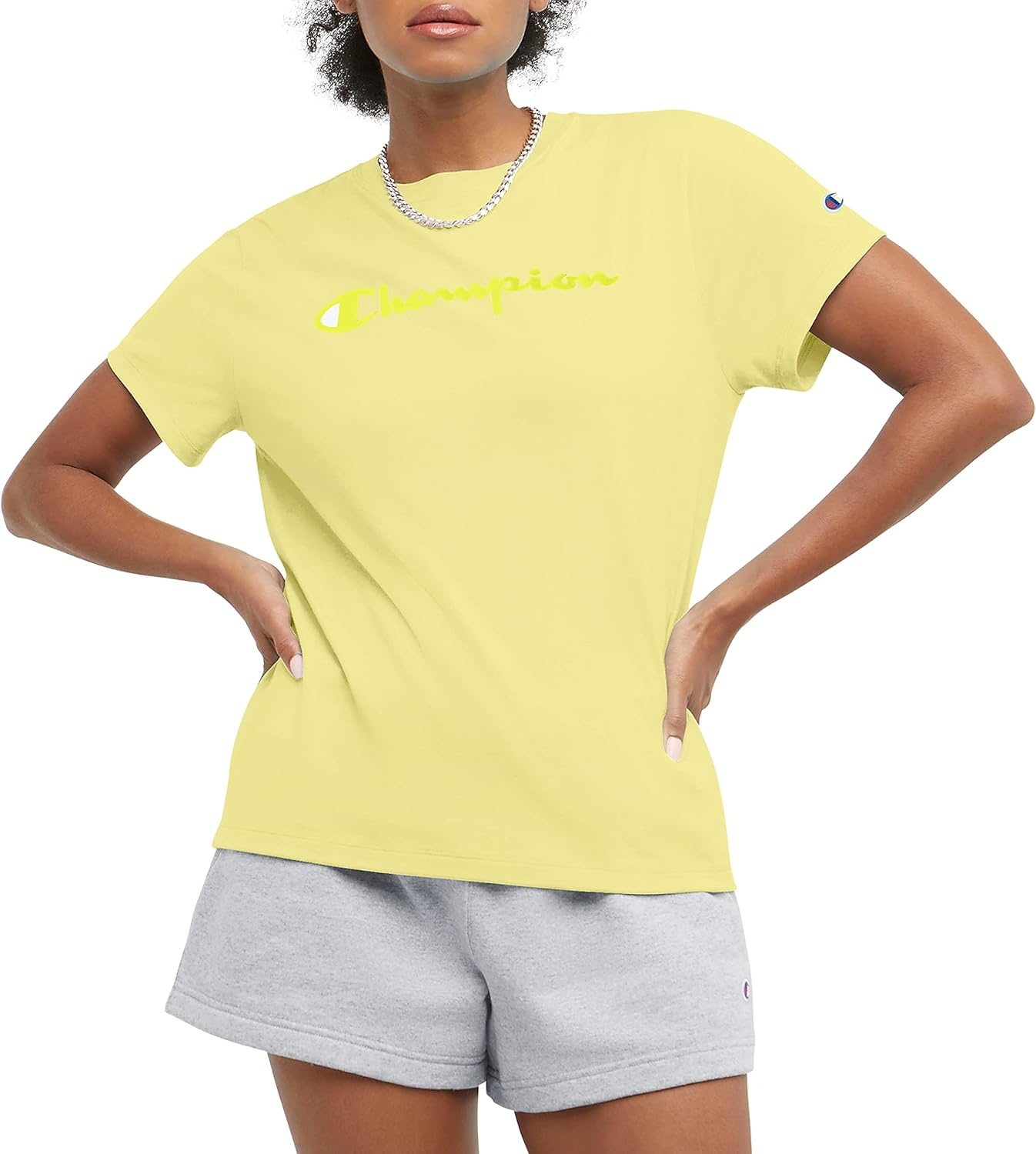 image:imageChampion Womens Classic Short Sleeve Graphic TShirt Standard Fit Script LogoFrozen Lime Script
