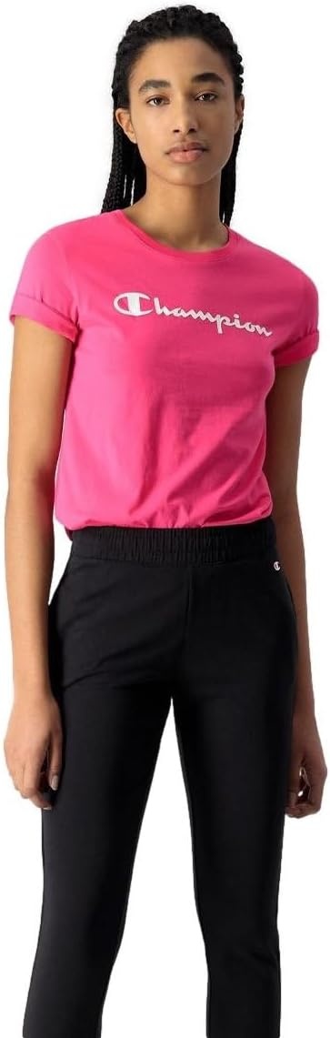 image:imageChampion Womens Classic Short Sleeve Graphic TShirt Standard Fit Script LogoHotpink