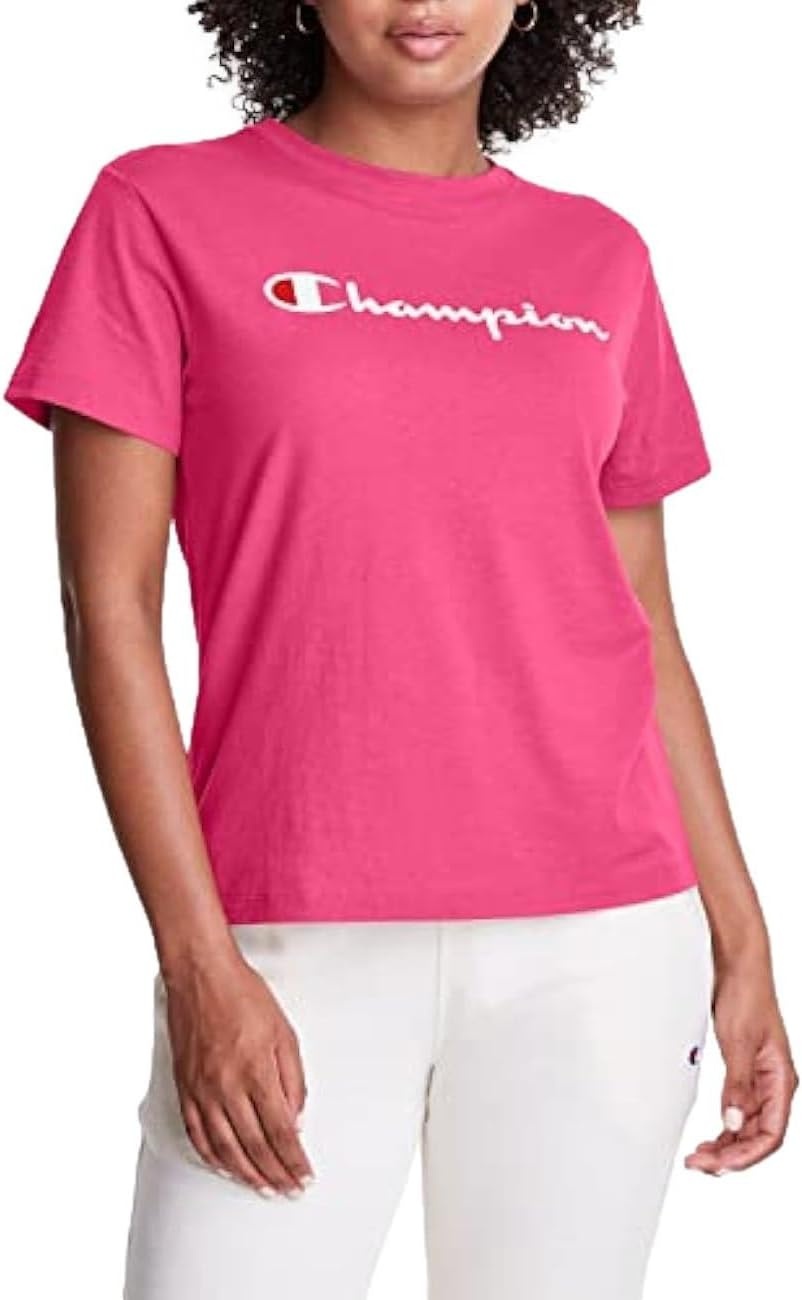 image:imageChampion Womens Classic Short Sleeve Graphic TShirt Standard Fit Script LogoHotpink