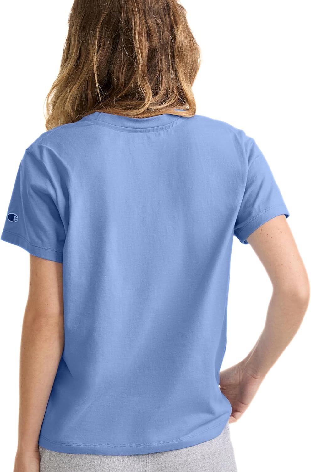 image:imageChampion Womens Classic Short Sleeve Graphic TShirt Standard Fit Script LogoPewter Blue Small Tonal Script Logo