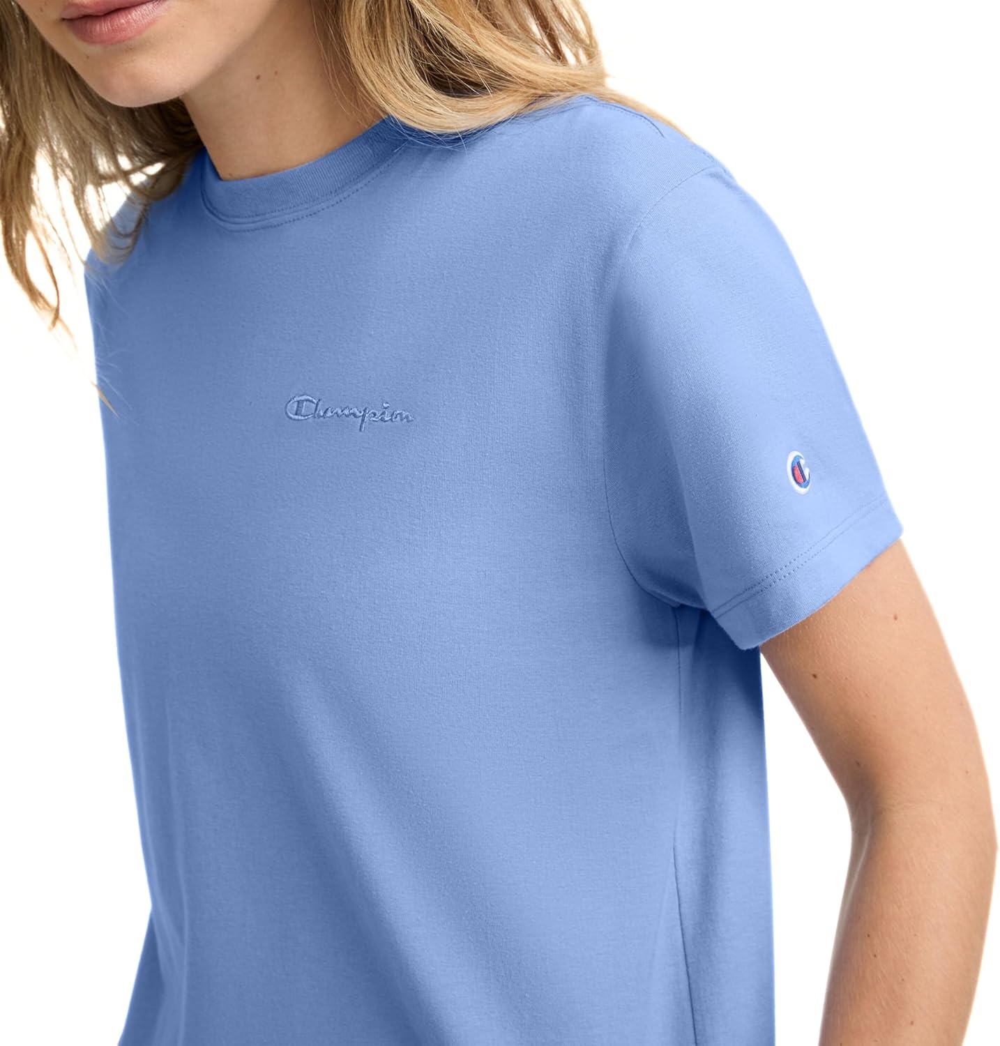 image:imageChampion Womens Classic Short Sleeve Graphic TShirt Standard Fit Script LogoPewter Blue Small Tonal Script Logo