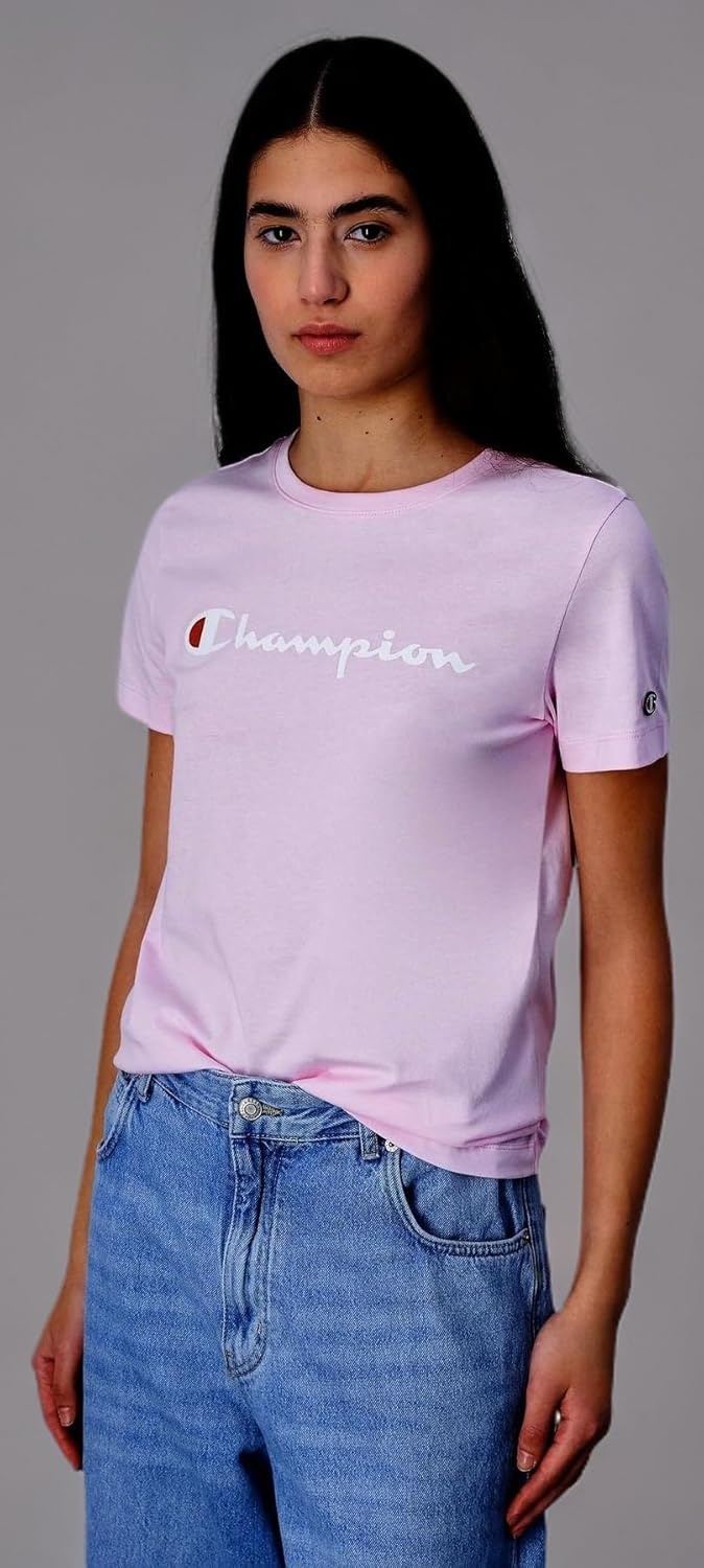 image:imageChampion Womens Classic Short Sleeve Graphic TShirt Standard Fit Script LogoPinkpoeny