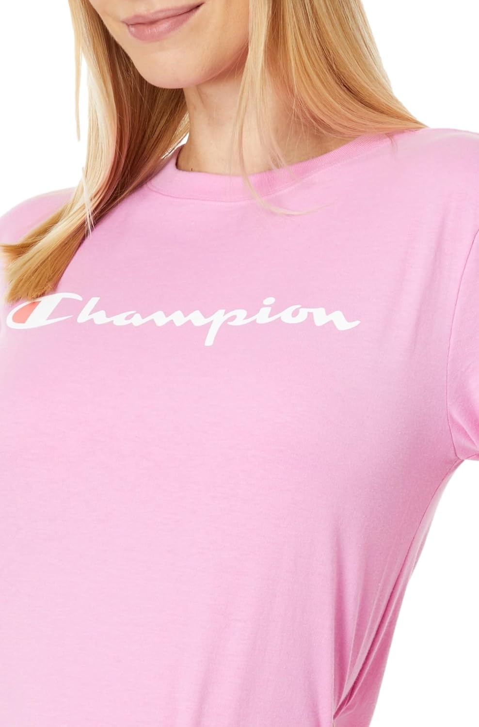 image:imageChampion Womens Classic Short Sleeve Graphic TShirt Standard Fit Script LogoPinkpoeny