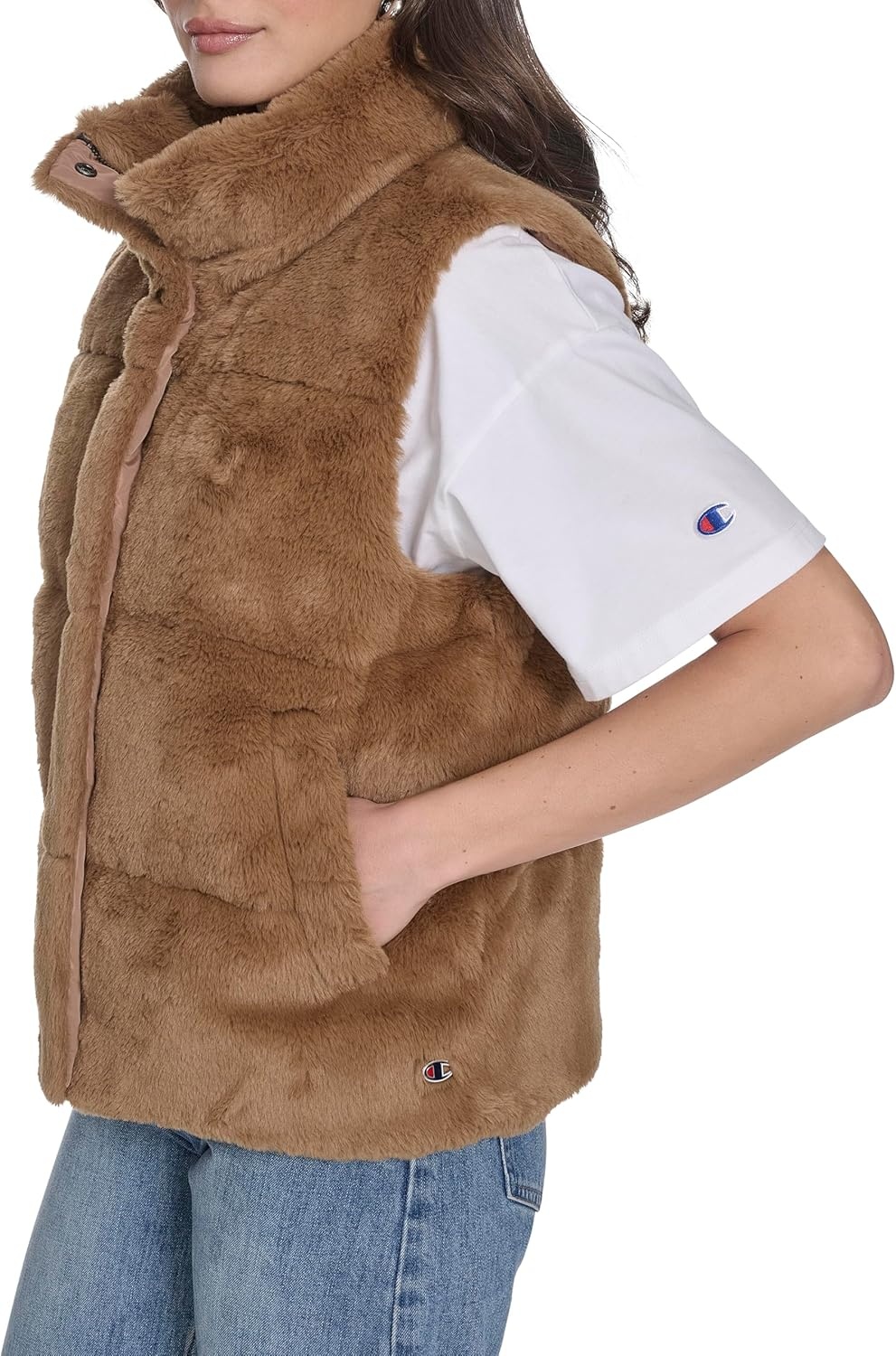 image:imageChampion Womens Faux Fur Stand Collar VestCognac