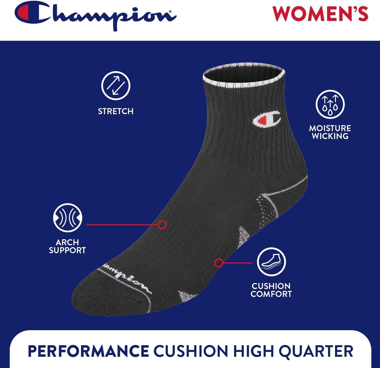 image:imageChampion Womens High Quarter Socks 6pack Cushioned Athletic Socks With Moisturewicking Arch Support Size 59Black Cuff Logo