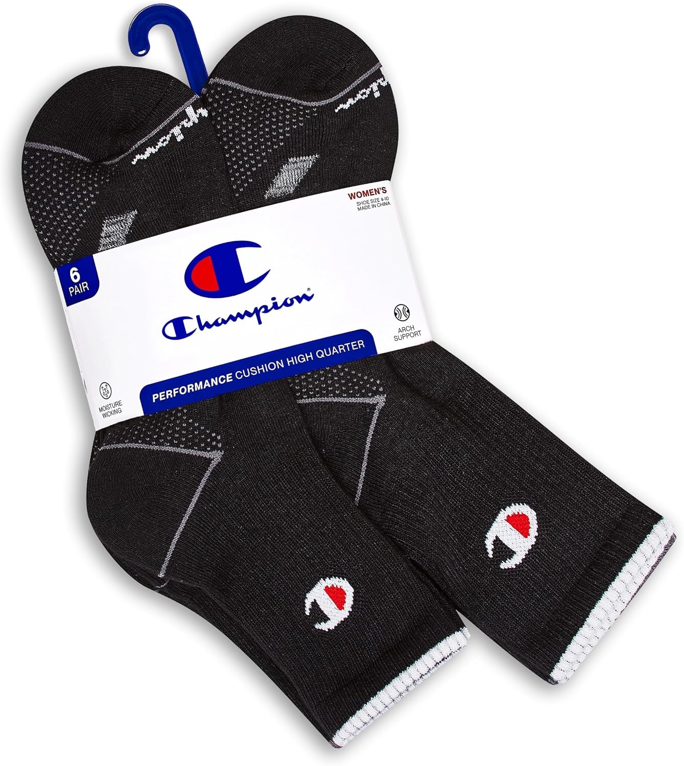 image:imageChampion Womens High Quarter Socks 6pack Cushioned Athletic Socks With Moisturewicking Arch Support Size 59Black Cuff Logo