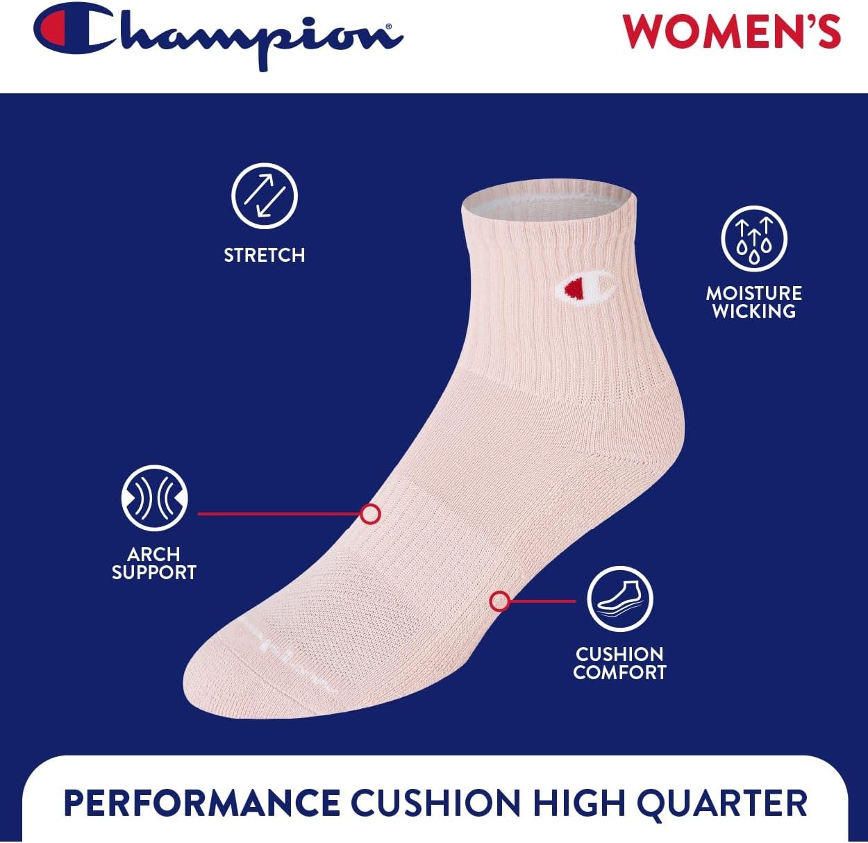 image:imageChampion Womens High Quarter Socks 6pack Cushioned Athletic Socks With Moisturewicking Arch Support Size 59Tan Multi