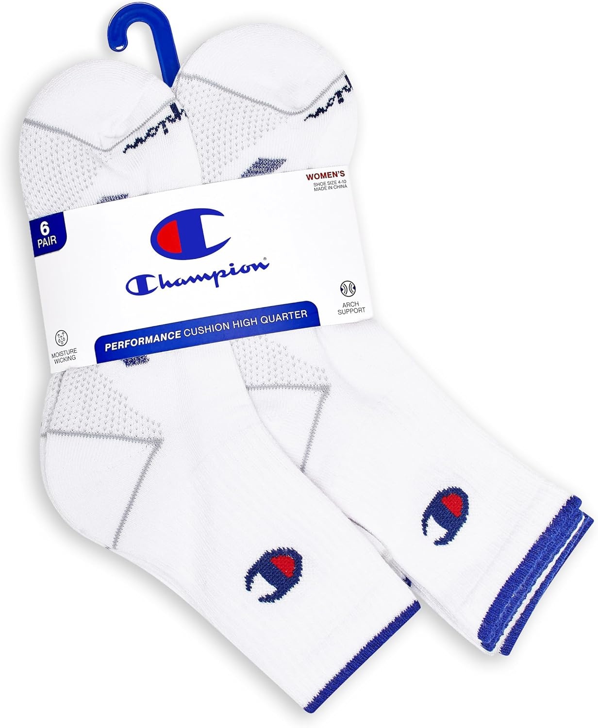 image:imageChampion Womens High Quarter Socks 6pack Cushioned Athletic Socks With Moisturewicking Arch Support Size 59White Cuff Logo