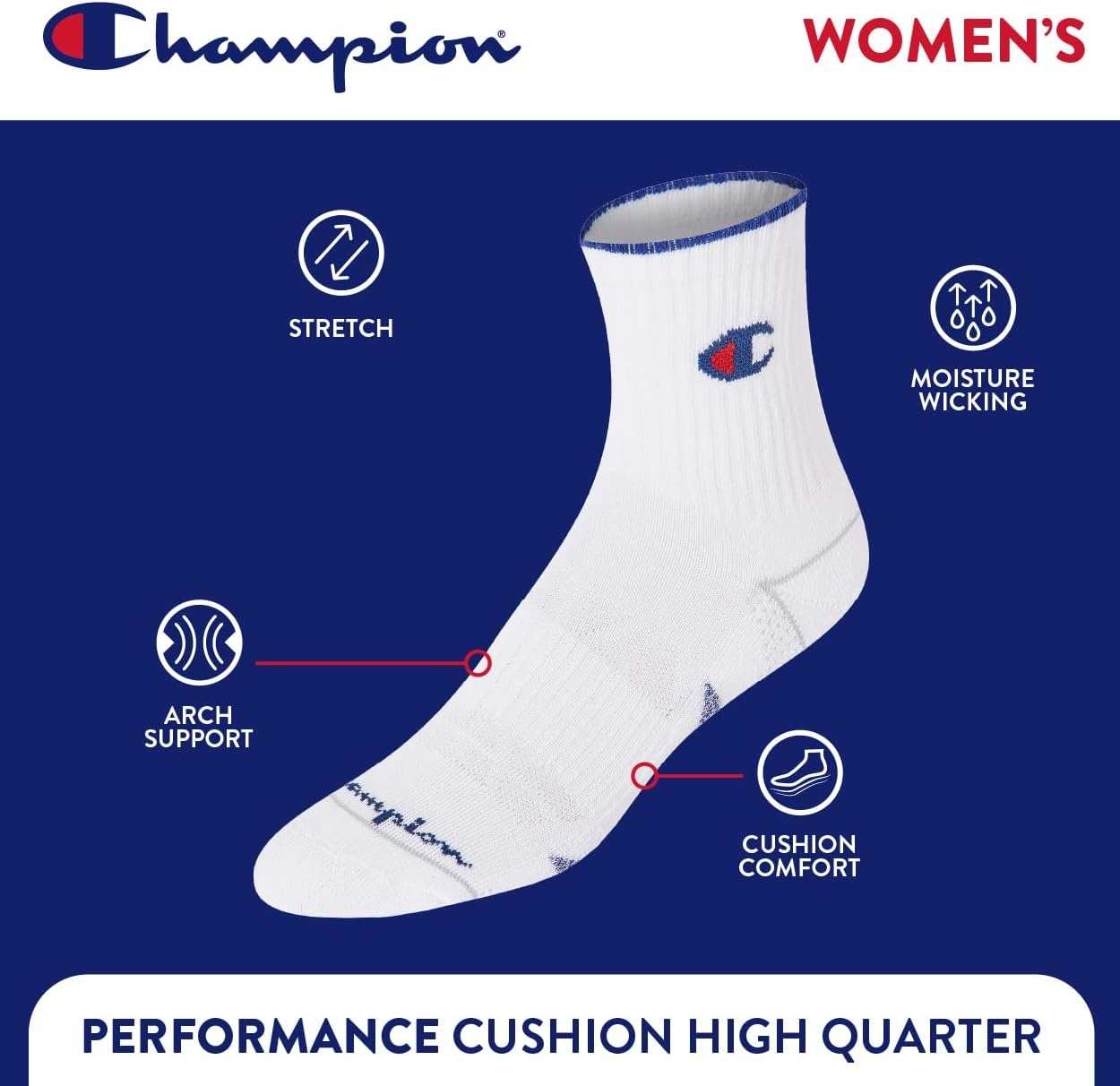 image:imageChampion Womens High Quarter Socks 6pack Cushioned Athletic Socks With Moisturewicking Arch Support Size 59White Cuff Logo