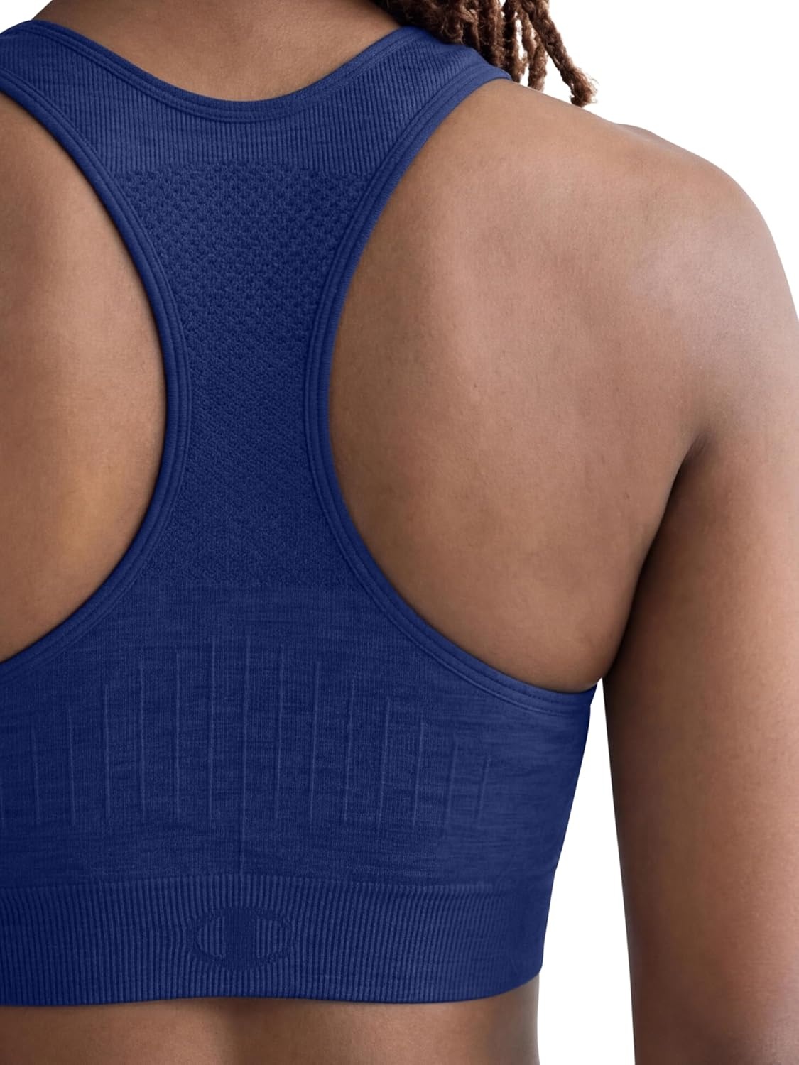 image:imageChampion Womens Infinity Racerback Sports Bra Moderate Support Seamless Moisture WickingBlue Depths C Logo