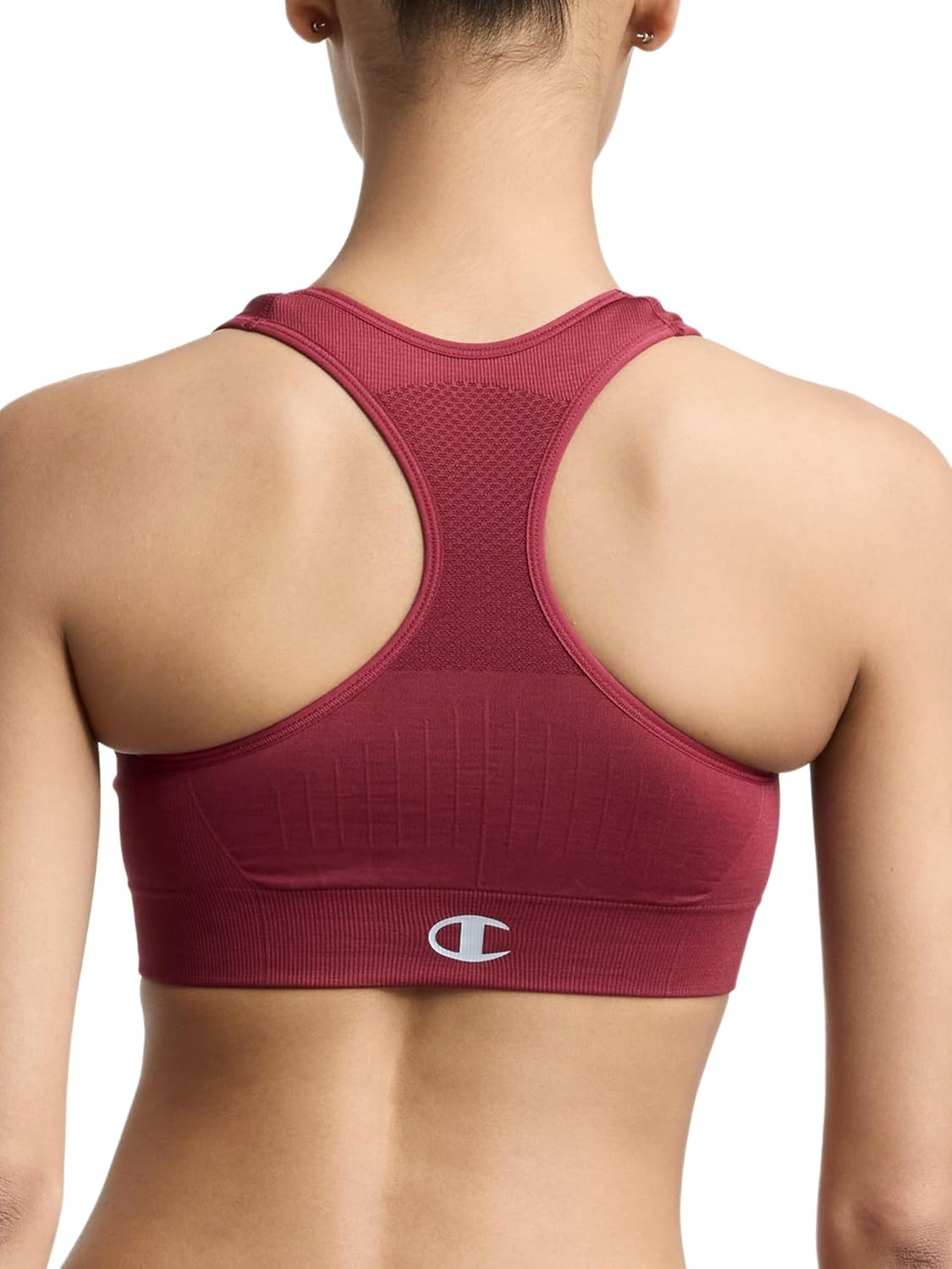 image:imageChampion Womens Infinity Racerback Sports Bra Moderate Support Seamless Moisture WickingPomegranate C Logo