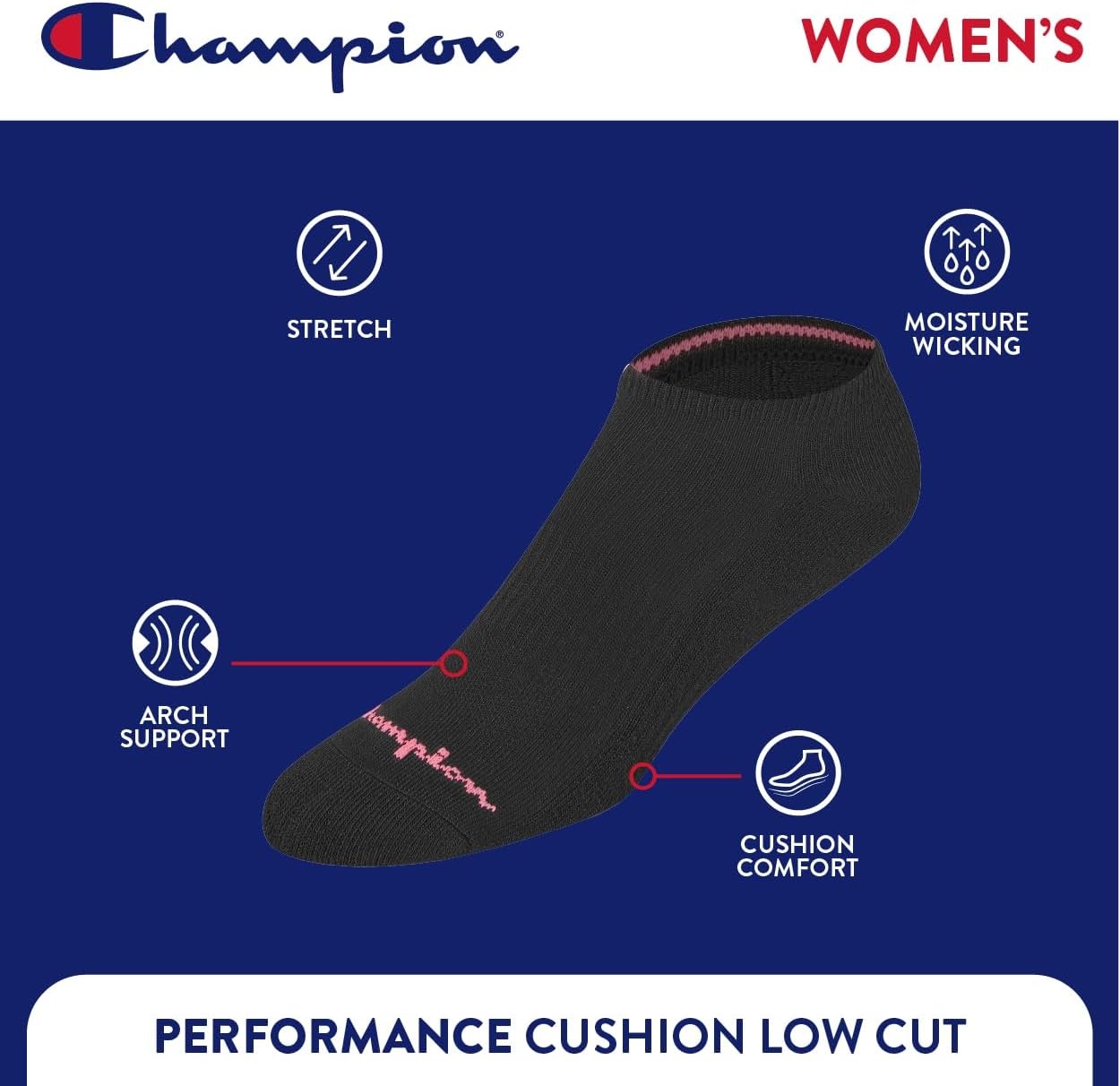 image:imageChampion Womens Low Cut Beathable MoistureWicking Athletic Socks 6PackBlack Toe Logo