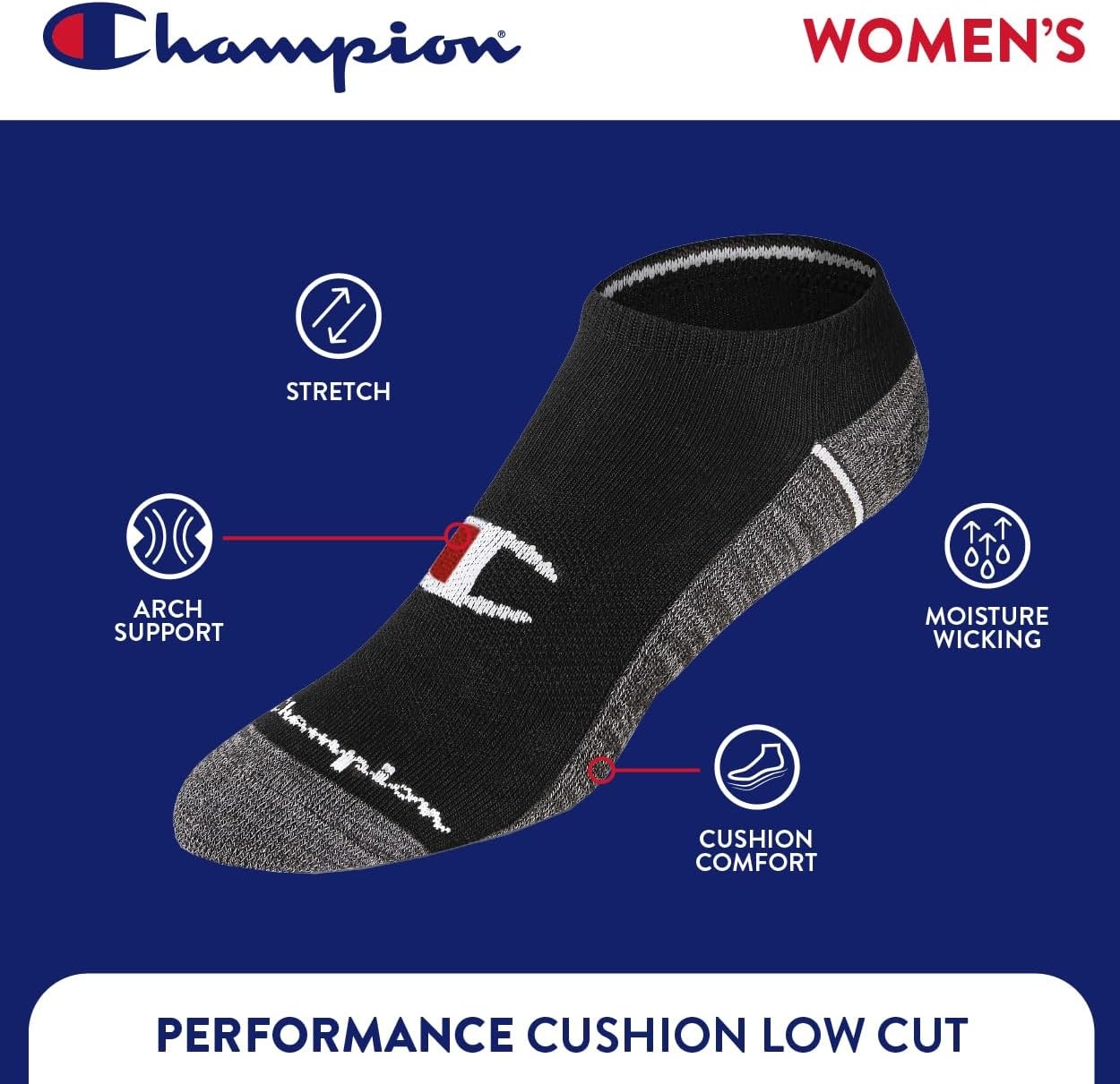 image:imageChampion Womens Low Cut Beathable MoistureWicking Athletic Socks 6PackBlack Big C