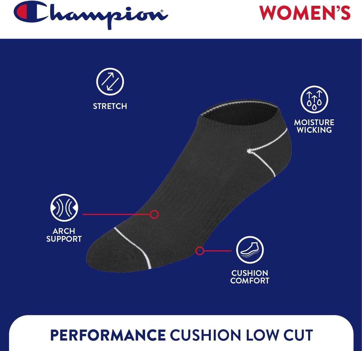 image:imageChampion Womens Low Cut Beathable MoistureWicking Athletic Socks 6PackBlack Heel Toe