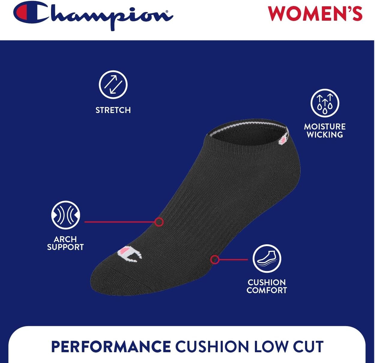 image:imageChampion Womens Low Cut Beathable MoistureWicking Athletic Socks 6PackBlack Toe Logo