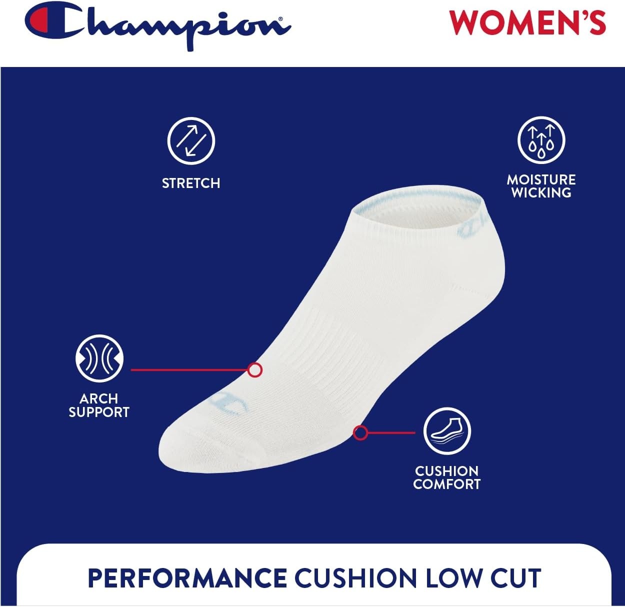 image:imageChampion Womens Low Cut Beathable MoistureWicking Athletic Socks 6PackMulti Toe Logo