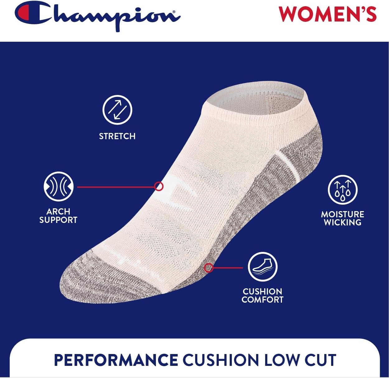image:imageChampion Womens Low Cut Beathable MoistureWicking Athletic Socks 6PackNeutral Assorted Big C
