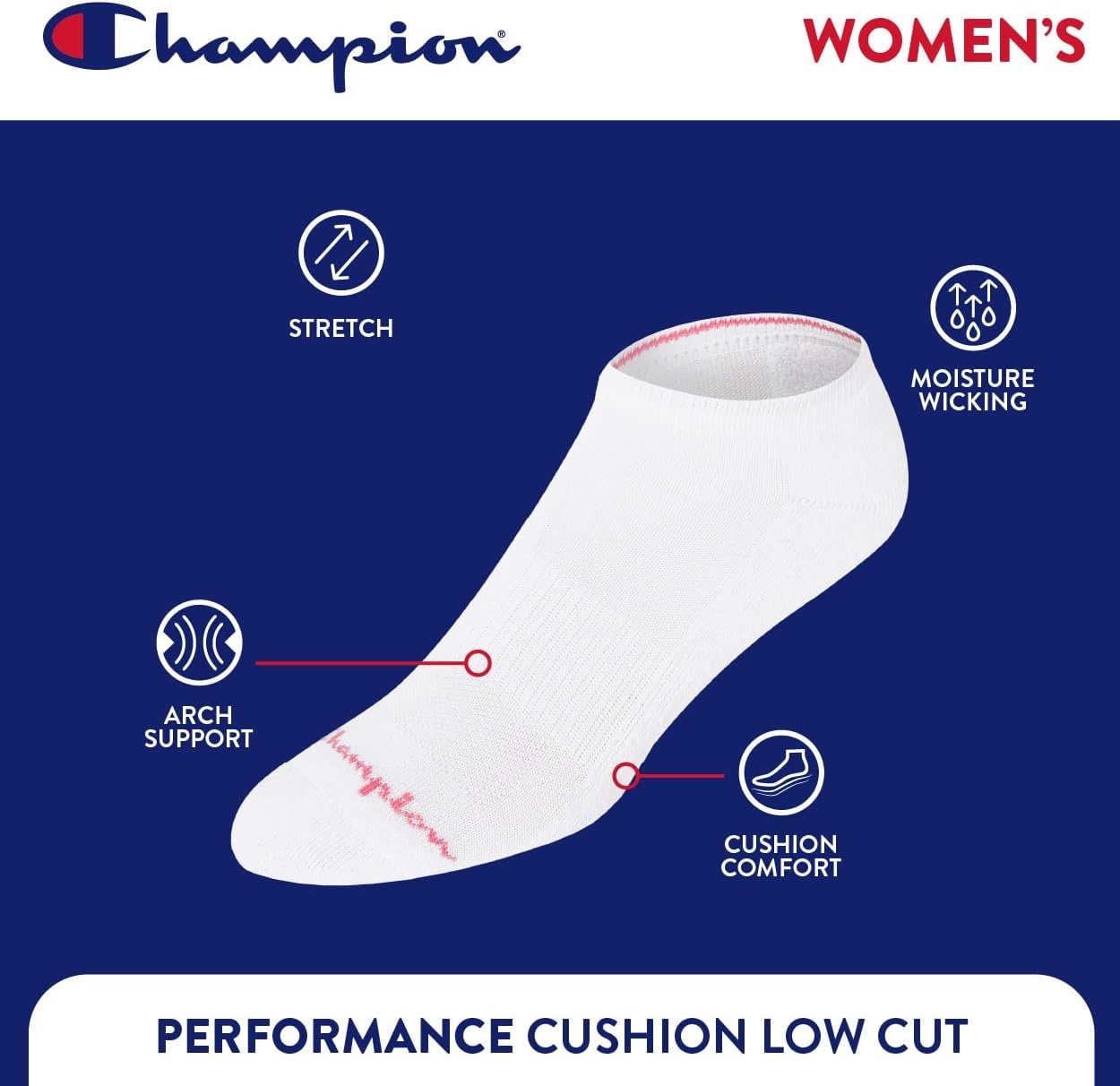 image:imageChampion Womens Low Cut Beathable MoistureWicking Athletic Socks 6PackWhite Toe Logo