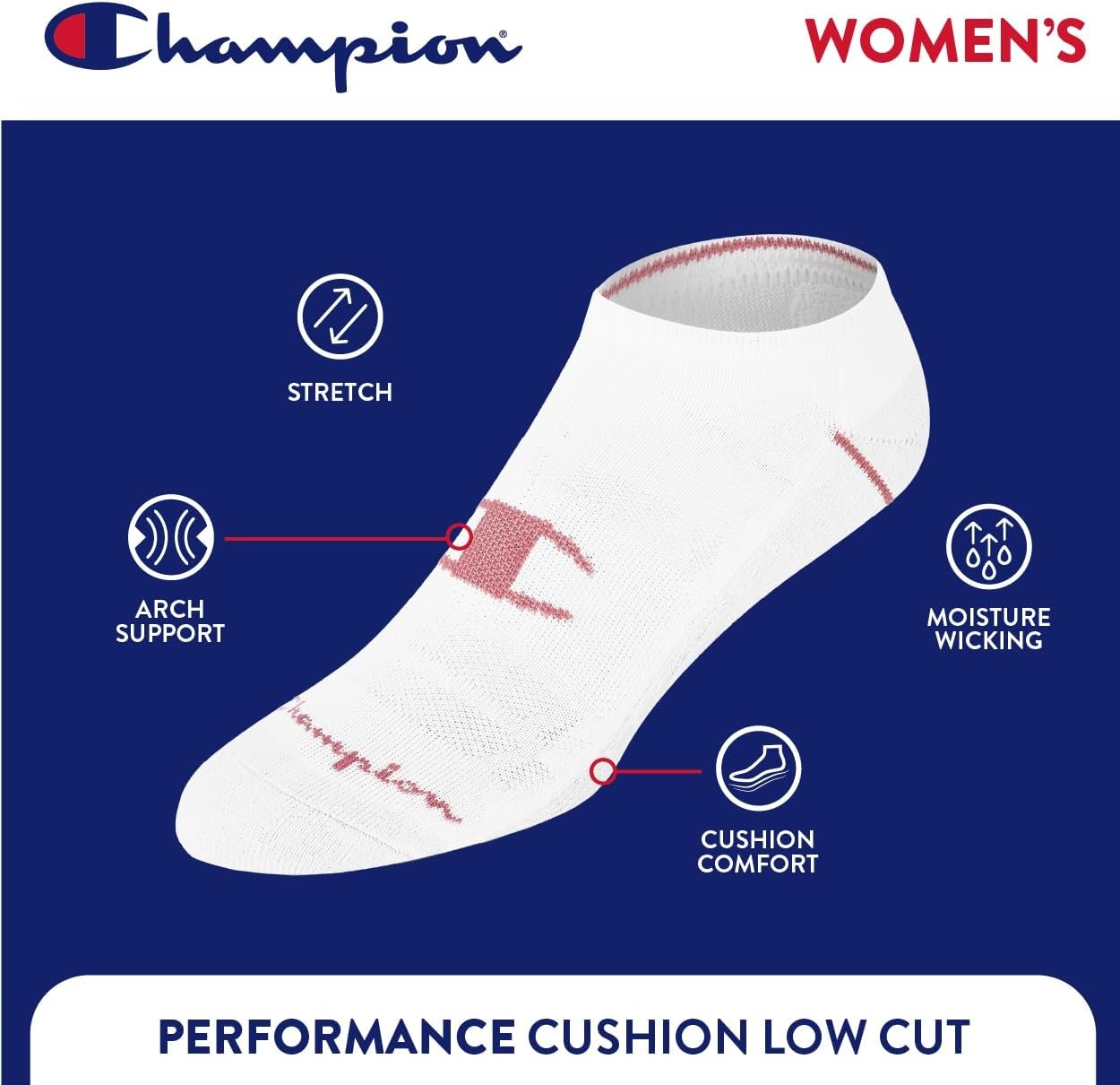 image:imageChampion Womens Low Cut Beathable MoistureWicking Athletic Socks 6PackWhite Big C