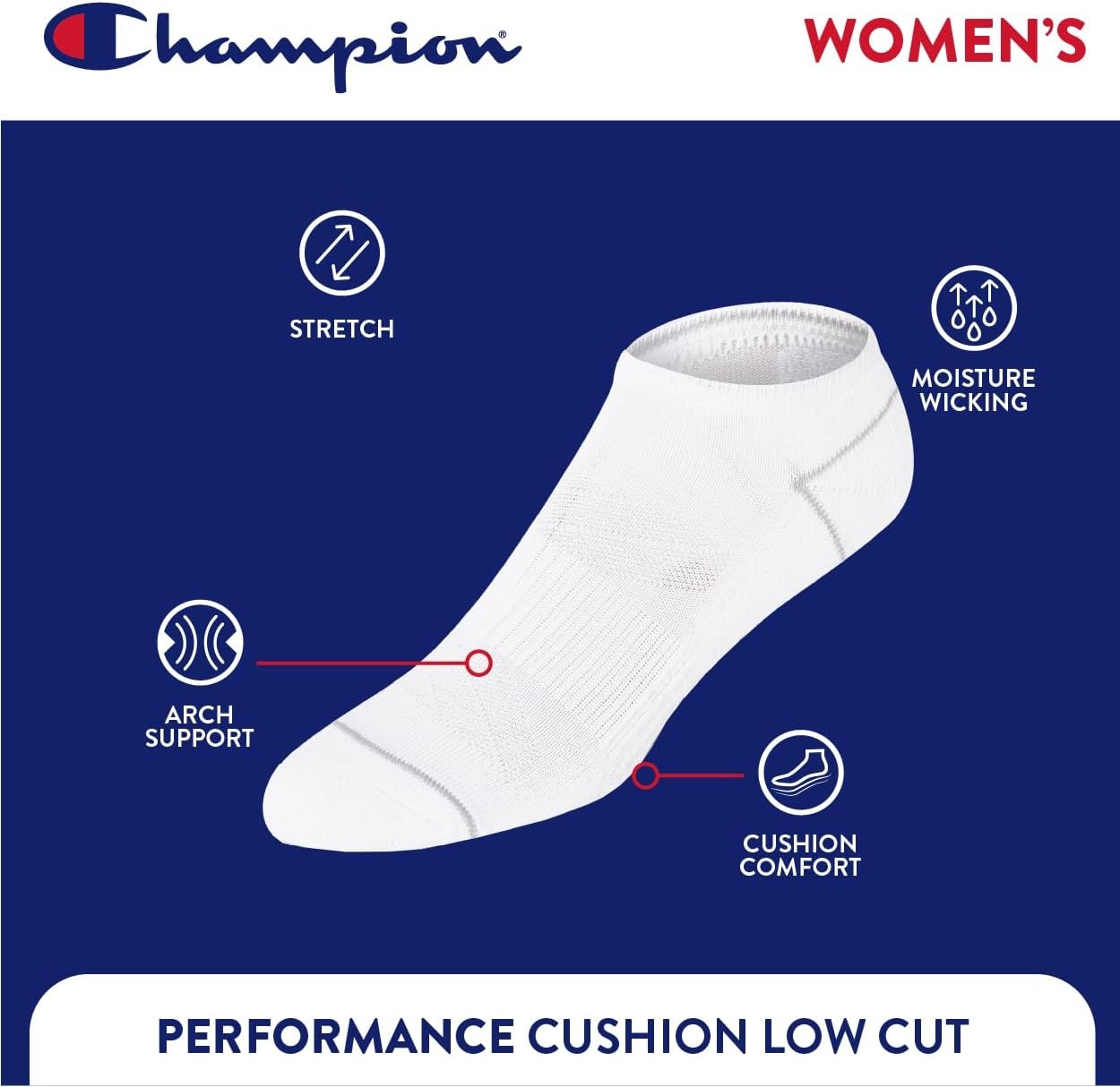 image:imageChampion Womens Low Cut Beathable MoistureWicking Athletic Socks 6PackWhite Heel Toe