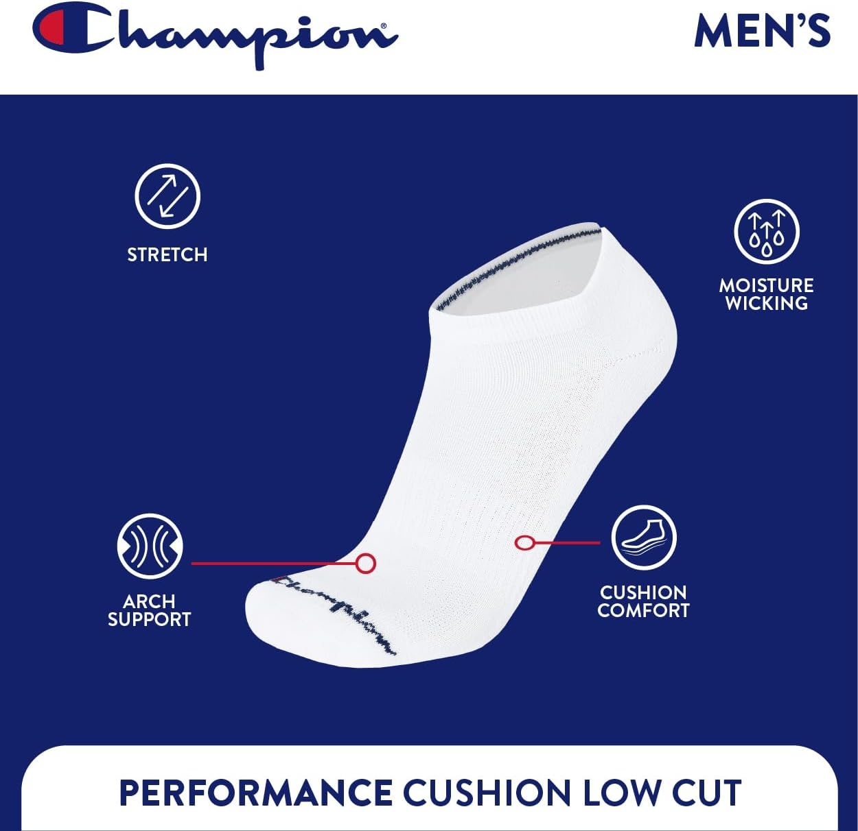 image:imageChampion Womens Low Cut Beathable MoistureWicking Athletic Socks 6PackWhite Toe Logo