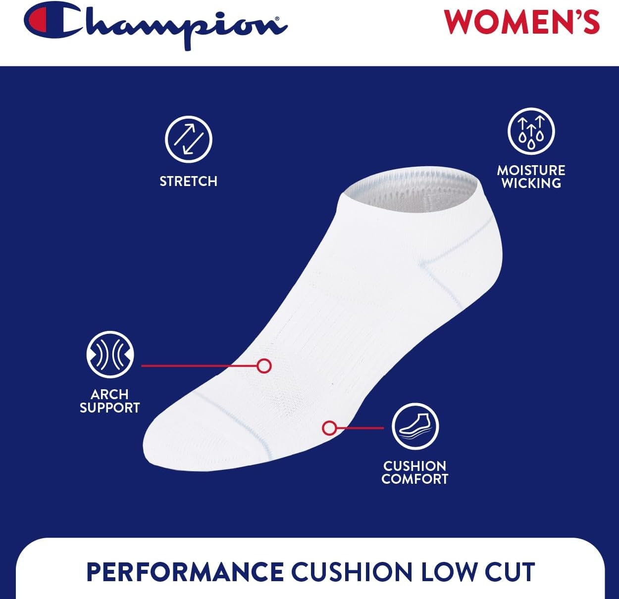 image:imageChampion Womens Low Cut Beathable MoistureWicking Athletic Socks 6PackWhiteBlue Assorted