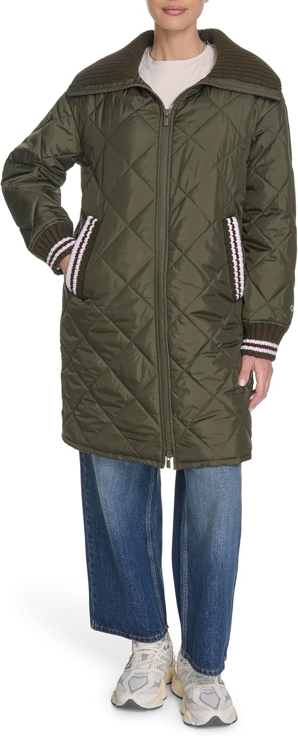 image:imageChampion Womens Midlength Diamond Quilted Shawl Collar JacketOlive