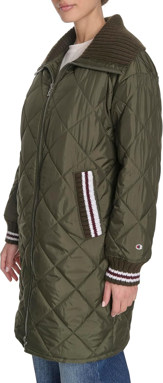 image:imageChampion Womens Midlength Diamond Quilted Shawl Collar JacketOlive