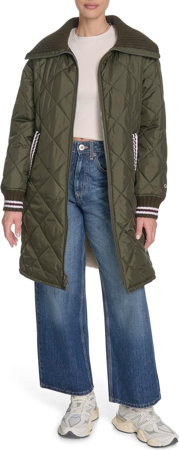 image:imageChampion Womens Midlength Diamond Quilted Shawl Collar JacketOlive