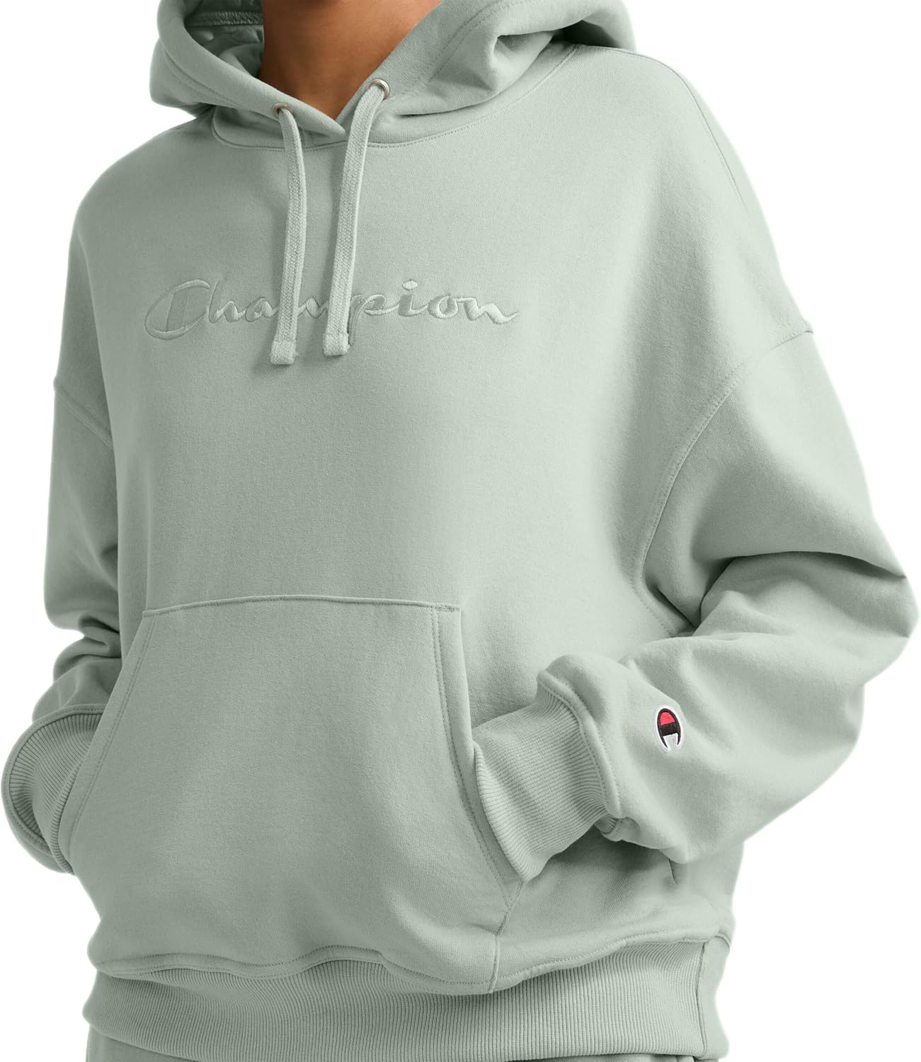 image:imageChampion Womens Pullover Fleece Hoodie Loose Fit Midweight Script Logo Available in Regular and PlusClever Sage Embroidered Script Logo