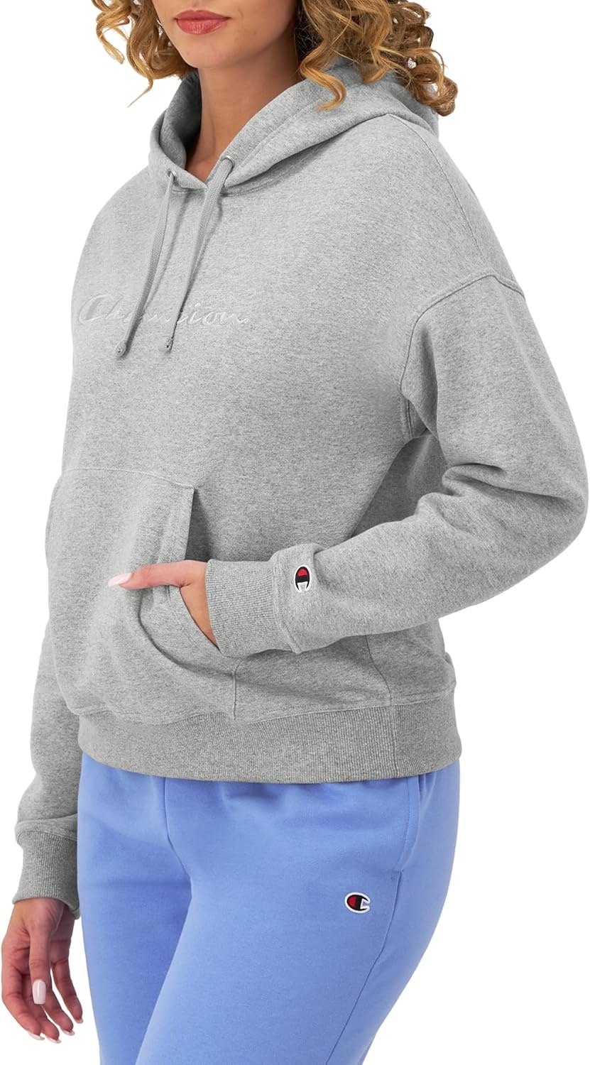 image:imageChampion Womens Pullover Fleece Hoodie Loose Fit Midweight Script Logo Available in Regular and PlusOxford Gray Embroidered Script Logo