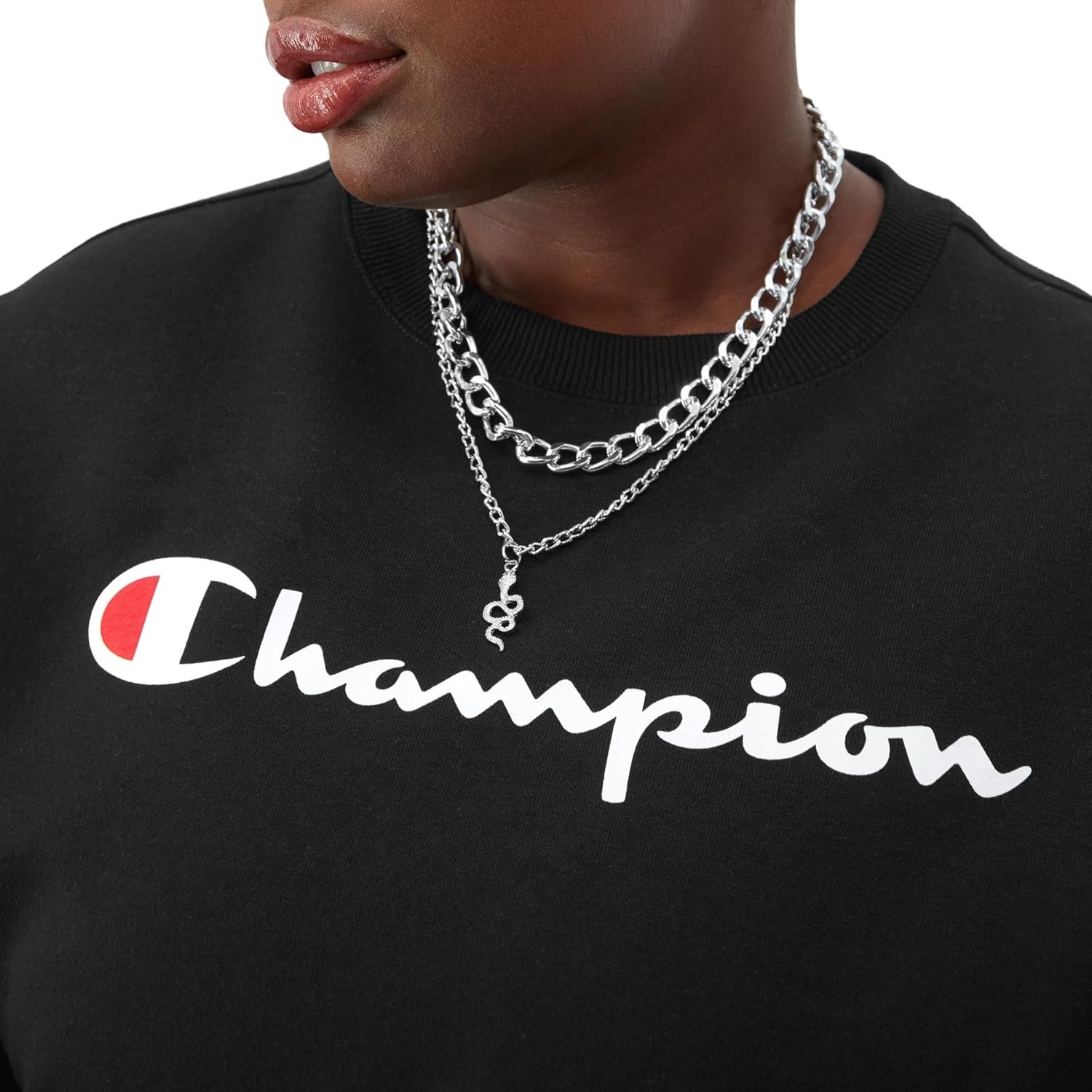 image:imageChampion Womens Sweatshirt Fleece Crewneck Sweatshirt Warm Sweatshirt for Women Plus Size AvailableBlack Classic Script Logo