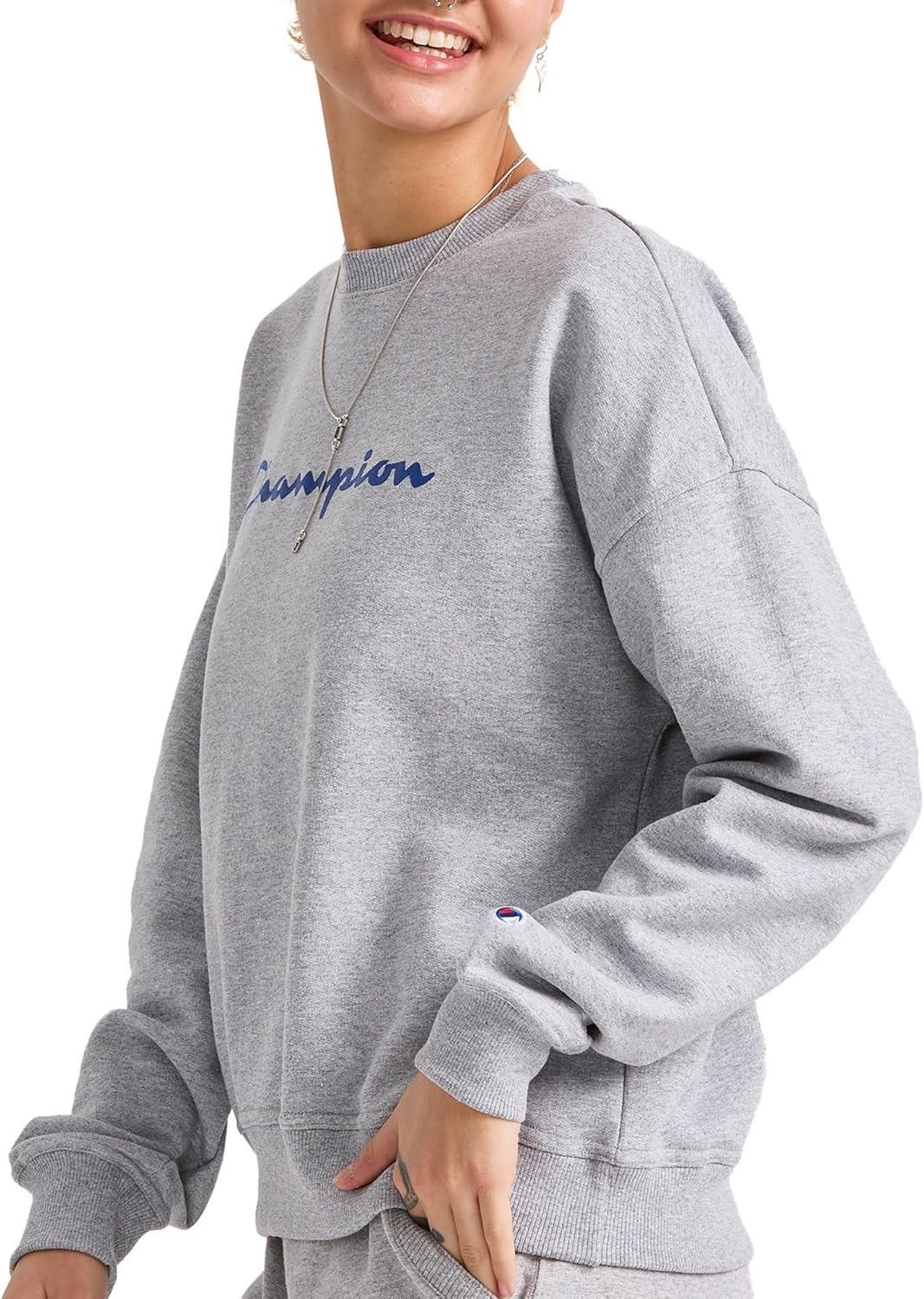 image:imageChampion Womens Sweatshirt Fleece Crewneck Sweatshirt Warm Sweatshirt for Women Plus Size AvailableOxford Gray Classic Script Logo