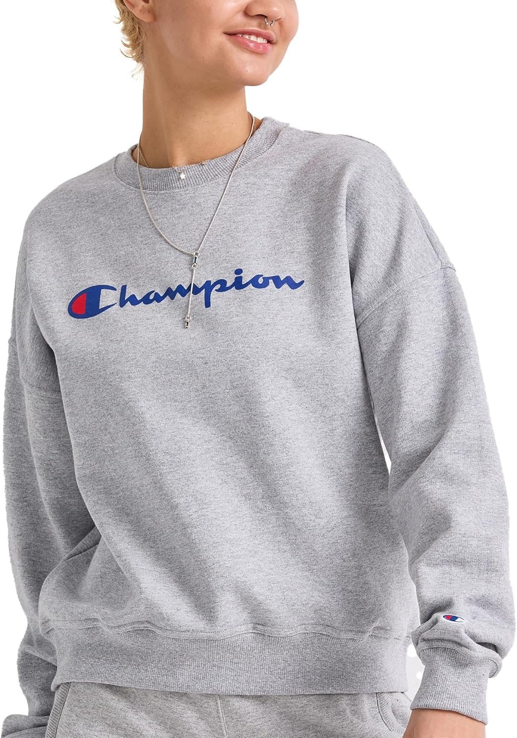 image:imageChampion Womens Sweatshirt Fleece Crewneck Sweatshirt Warm Sweatshirt for Women Plus Size AvailableOxford Gray Classic Script Logo