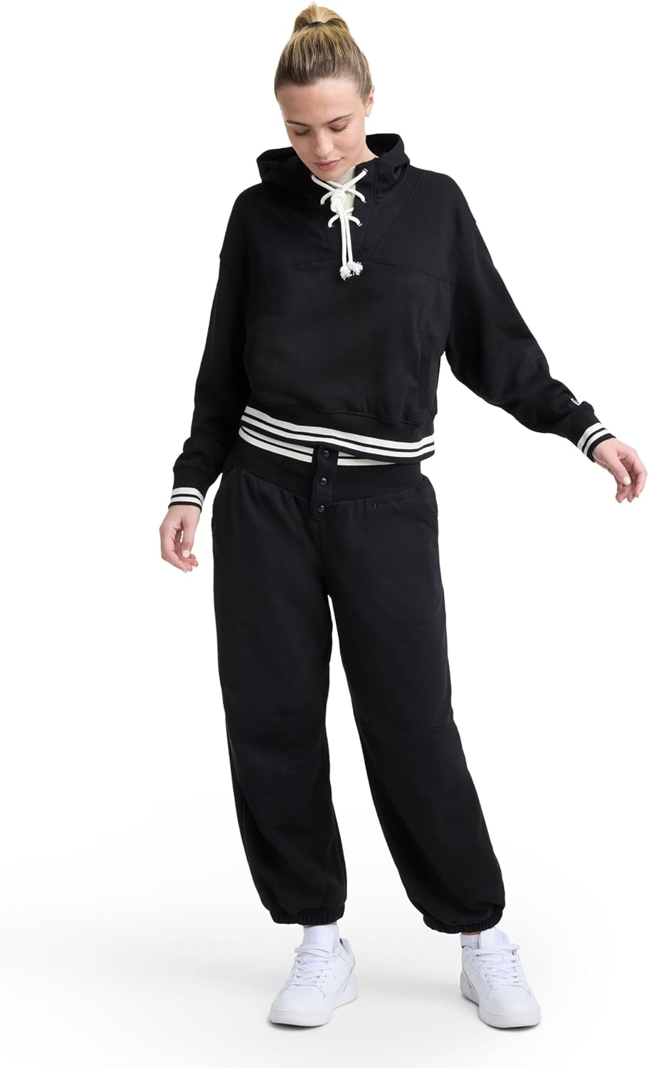 image:imageChampion Womens Tackle Front Lace Pullover Hoodie Loose Fit French TerryBlack