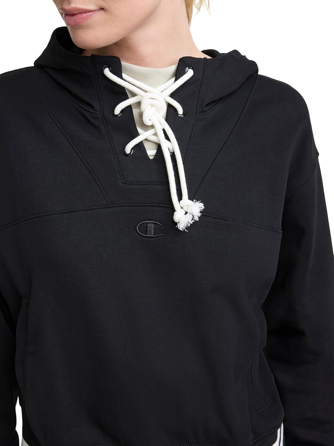 image:imageChampion Womens Tackle Front Lace Pullover Hoodie Loose Fit French TerryBlack